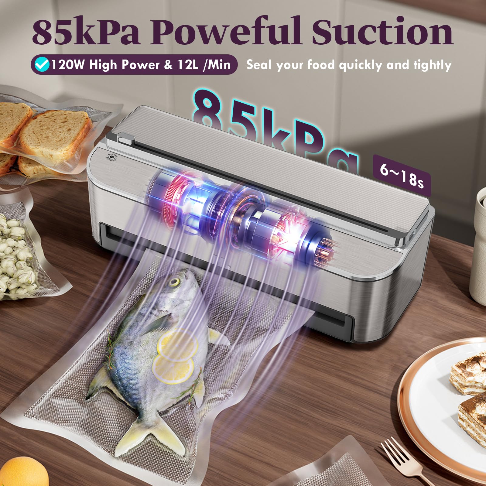 Powerful 120W Automatic Vacuum Sealer Machine with 85kPa Strong Suction | Built-in Cutter & Moist Mode | Includes 2 Bag Rolls + 5 Pre-cut Bags | Perfect for Food Storage, Meal Prep & Sous Vide Cooking | Air Suction Hose for Marinating & Liquid Foods