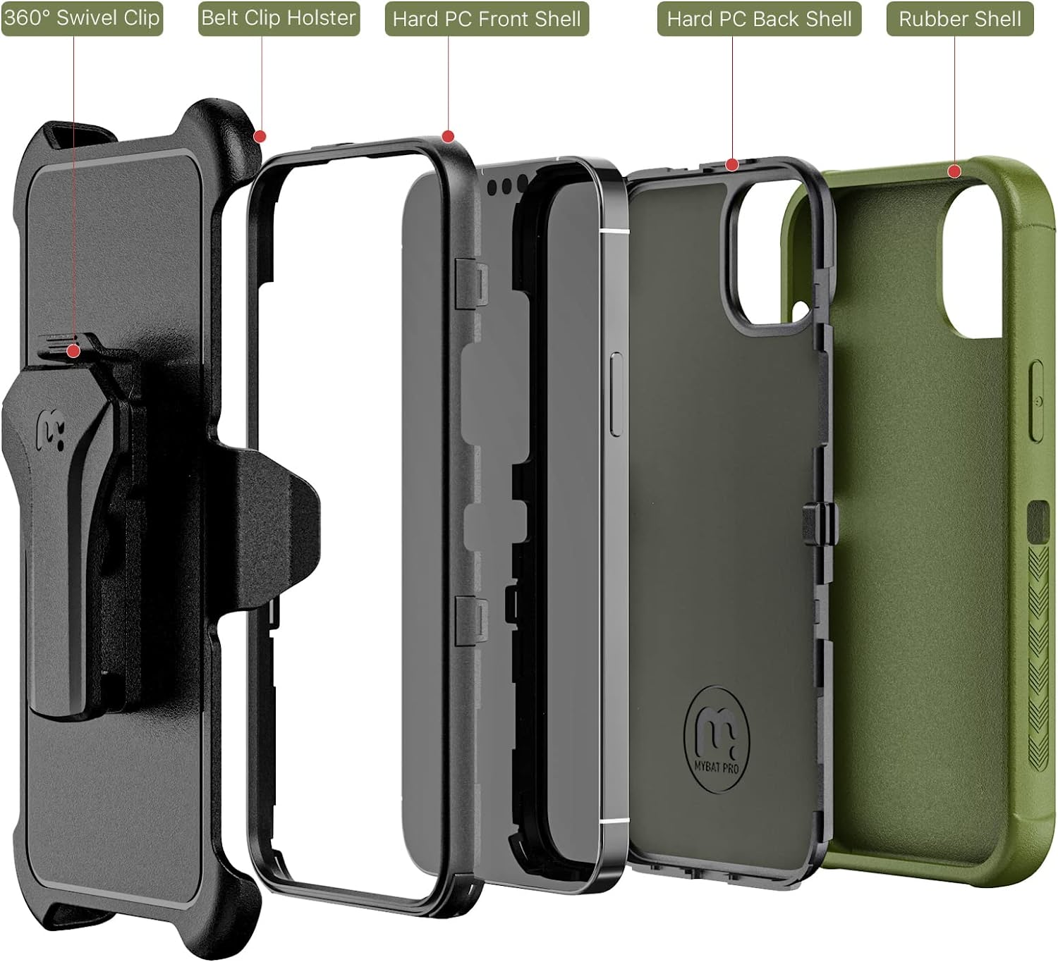 iPhone 14 Case with Belt Clip Holster & Tempered Glass Screen Protector | 6.1 Inch Heavy Duty Military Green | Perfect for Outdoor Activities & Daily Protection