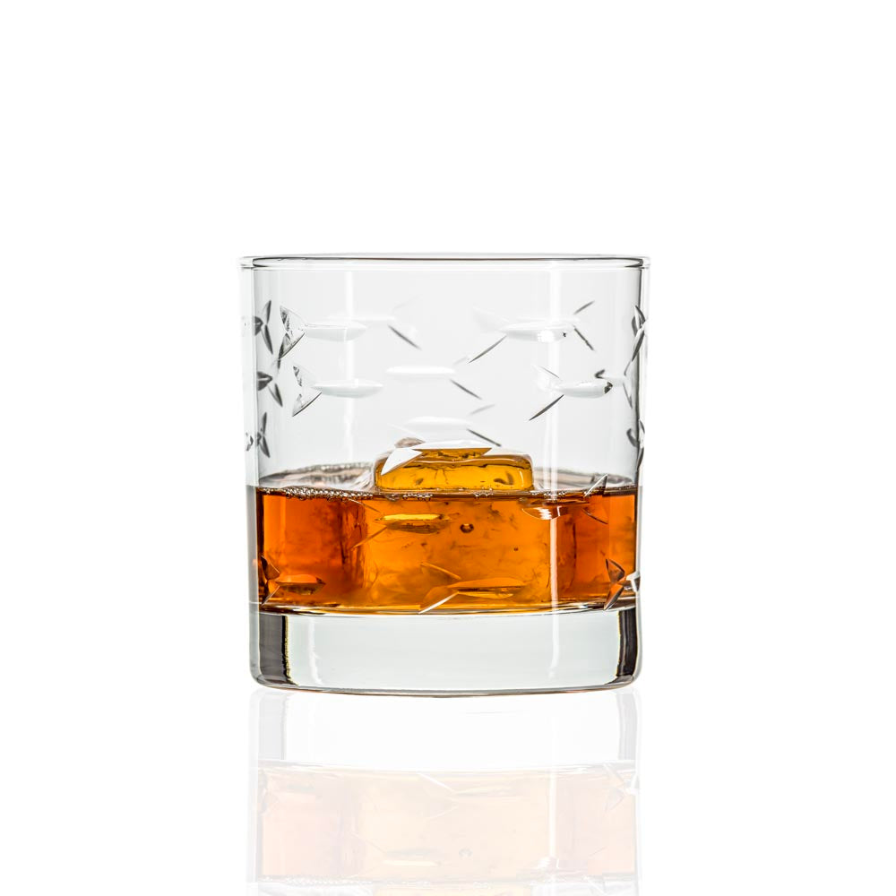 Premium 10oz Whiskey Glasses Set of 2 - School of Fish Design Rocks Glass for Bourbon, Scotch & Cocktails - Perfect for Home Bar, Gifts & Entertaining