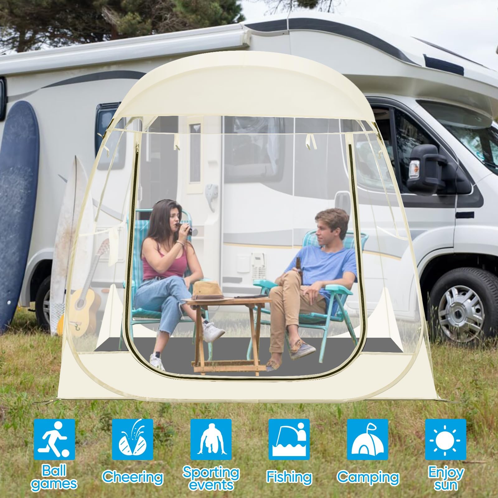Instant Pop Up Sports Tent with Sealed Floor - Weatherproof Sun Shelter & Clear Bubble Tent for 2-4 People - Perfect for Outdoor Sports Events, Camping, Fishing, and Beach Trips
