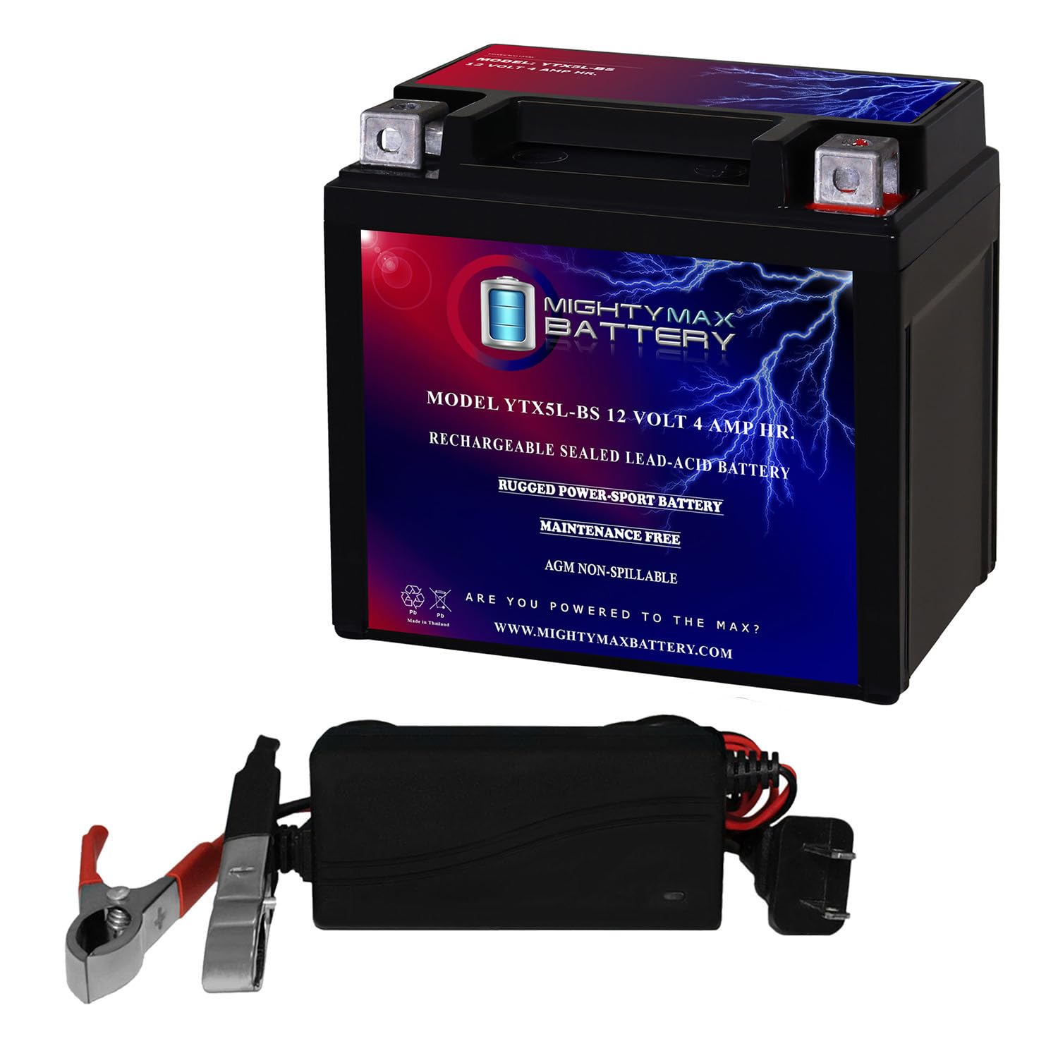 Mighty Max YTX5L-BS 12V Motorcycle Battery with 1A Charger - Compatible with Husqvarna 449 TE -11 - Perfect for ATVs, Dirt Bikes & Power Sports Vehicles
