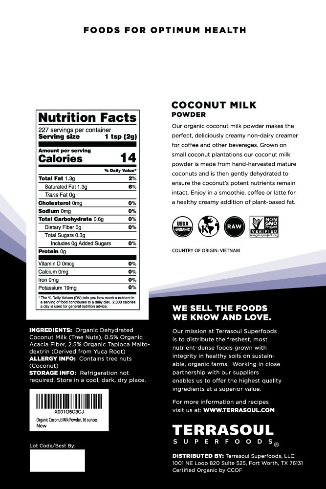 Organic Coconut Milk Powder by Terrasoul Superfoods | 16oz Plant-Based Dairy-Free Creamer | Keto, Paleo & Vegan Friendly | Perfect for Coffee, Smoothies & Baking