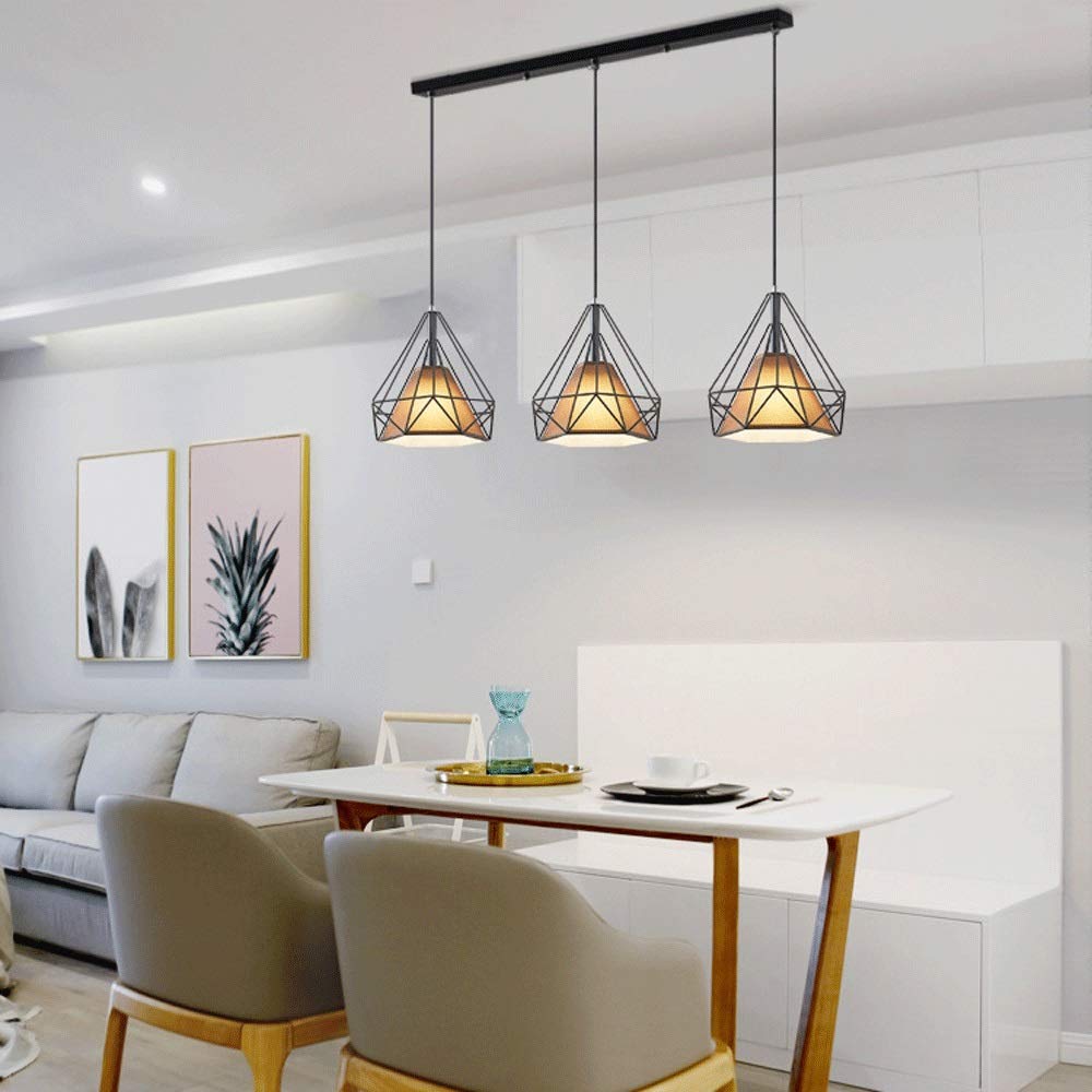 3-Light Wrought Iron Pendant Light Fixture with Wire Cage Lampshade - E27 Base Diamond Style Suspension Lamp - Nordic Minimalist Hanging Light for Dining Room, Kitchen Island, Balcony, Bar, Cafe & Bedroom (Black)