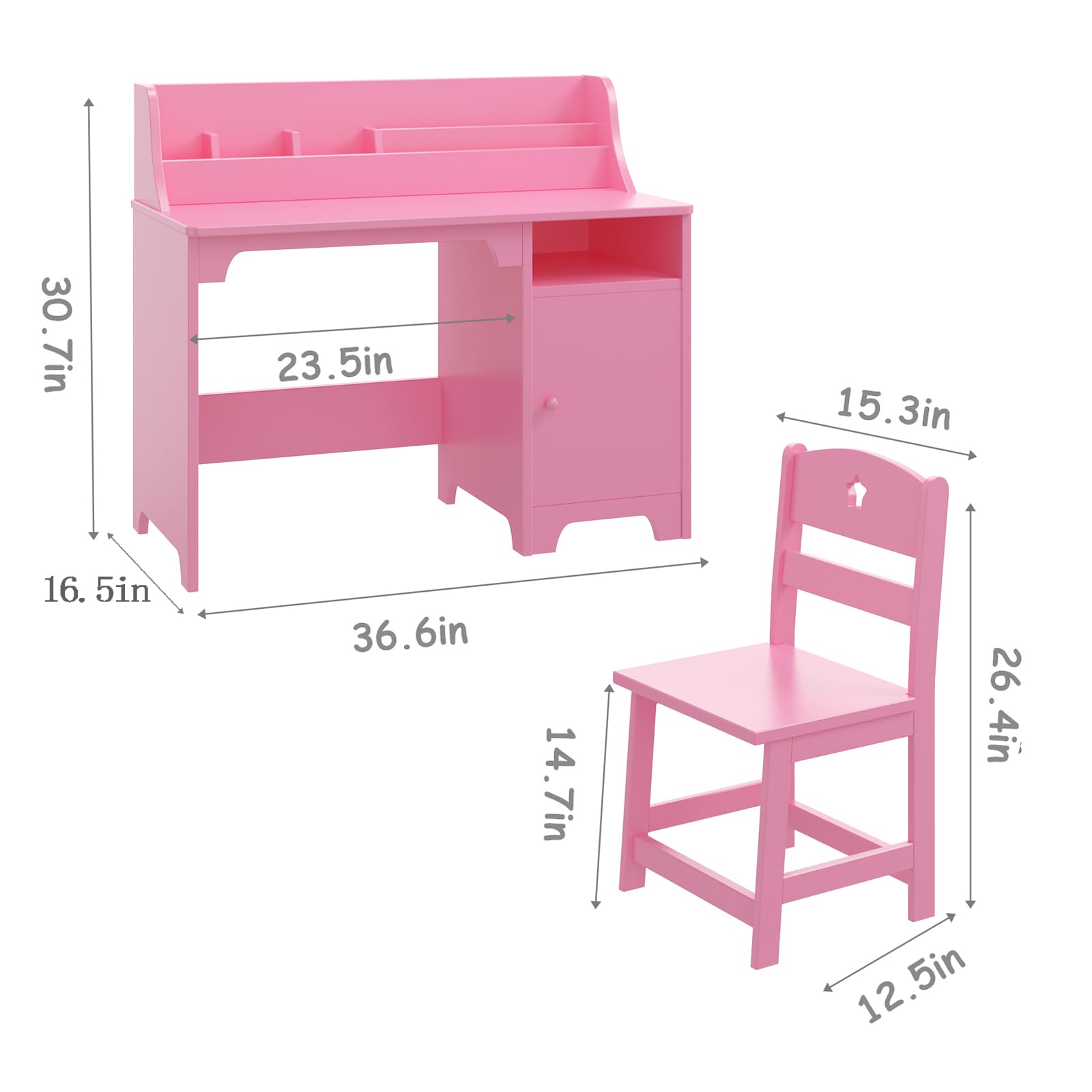 White Kids Desk with Chair - Wooden Study Desk for Boys & Girls, Hutch & Storage Cabinet, Children's Writing Table & Computer Workstation - Perfect for Bedroom, Study Room & Homeschooling (Pink)