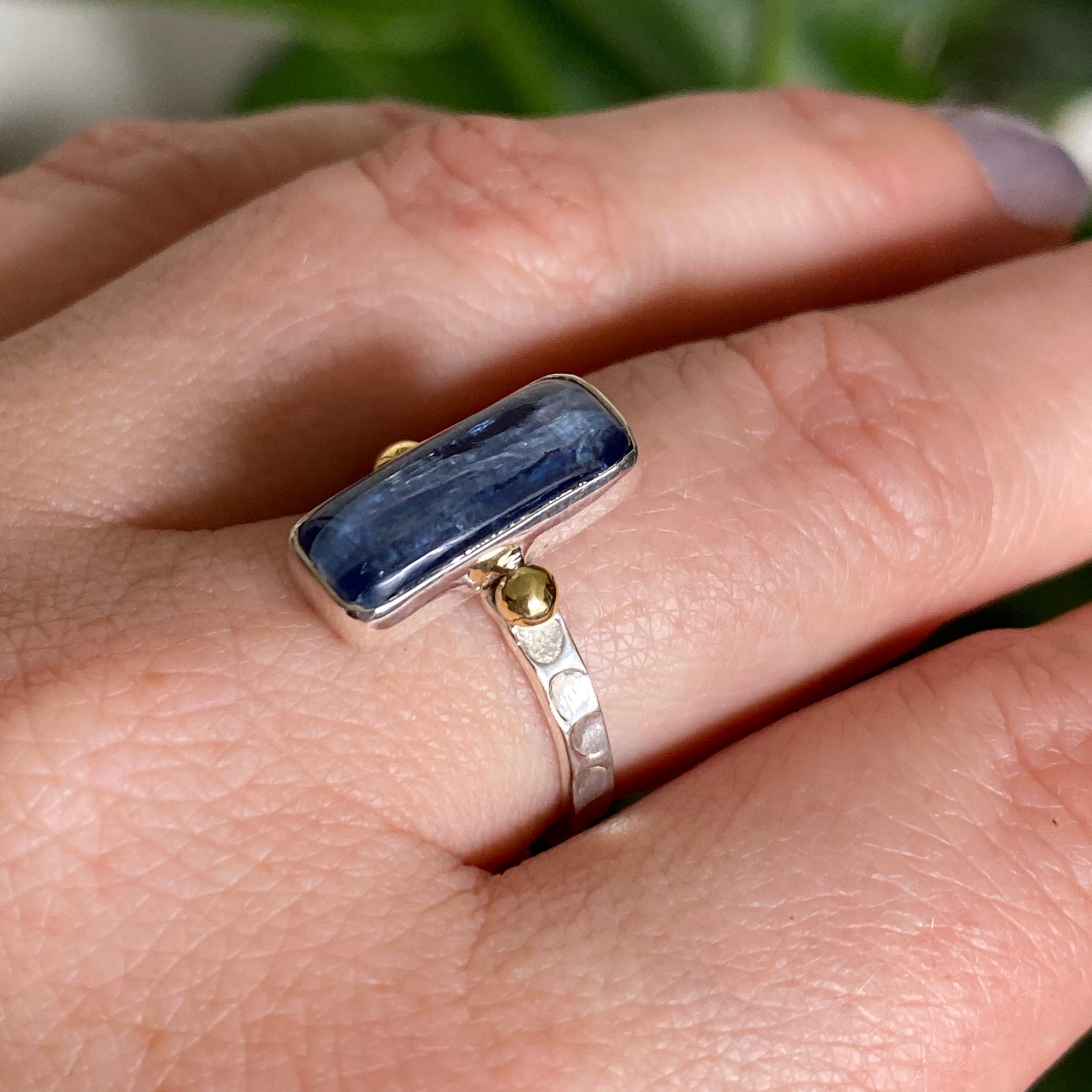 Blue Kyanite Rectangular Cabochon Ring with Brass Accents - Size 8 - Handmade Boho Jewelry for Women - Perfect for Meditation, Spiritual Healing & Everyday Wear KRGJ3279
