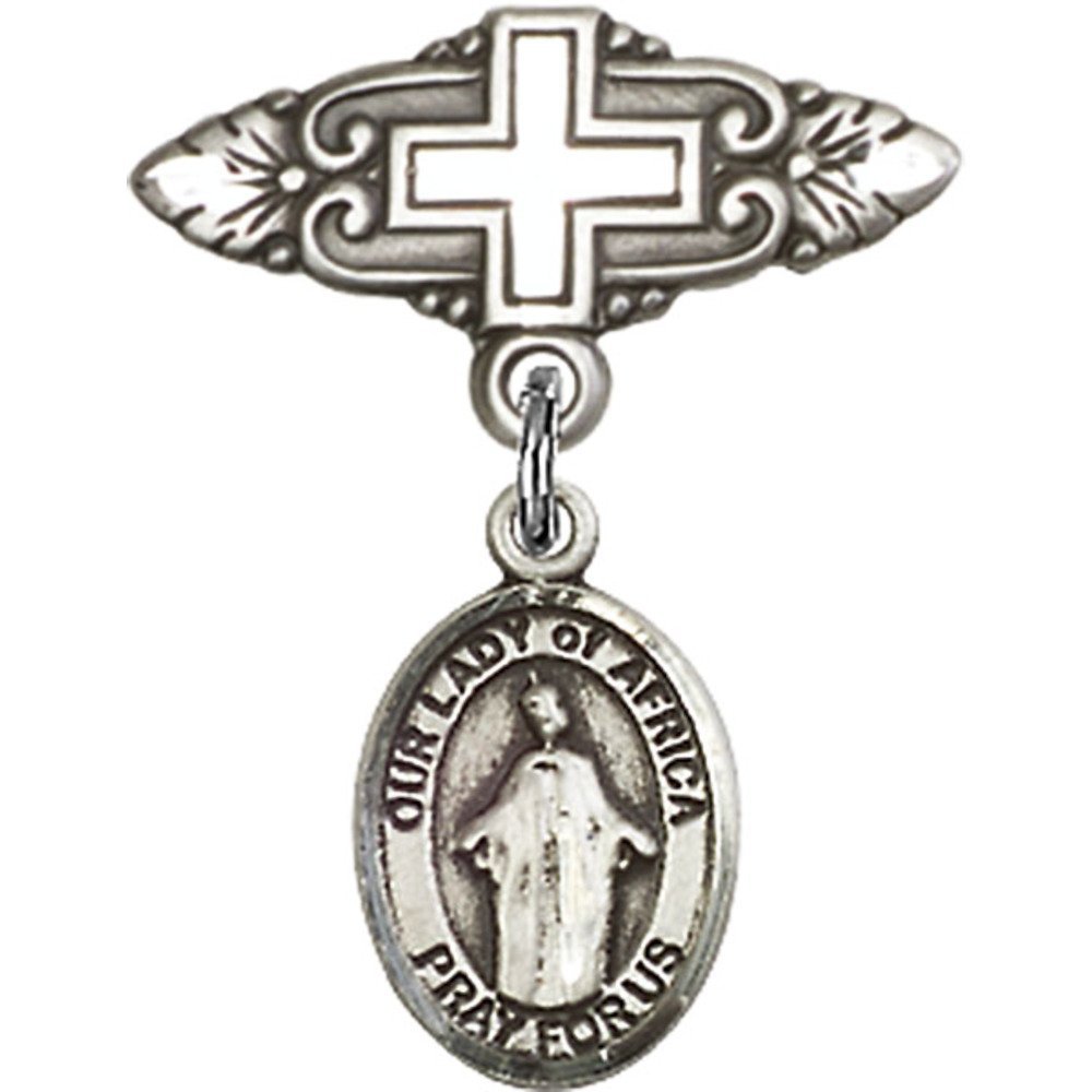 1 X 3/4 Inch Sterling Silver Baby Badge with Our Lady of Africa Charm & Cross Pin - Perfect for Baptism Gifts, First Communion, and Religious Jewelry Collections