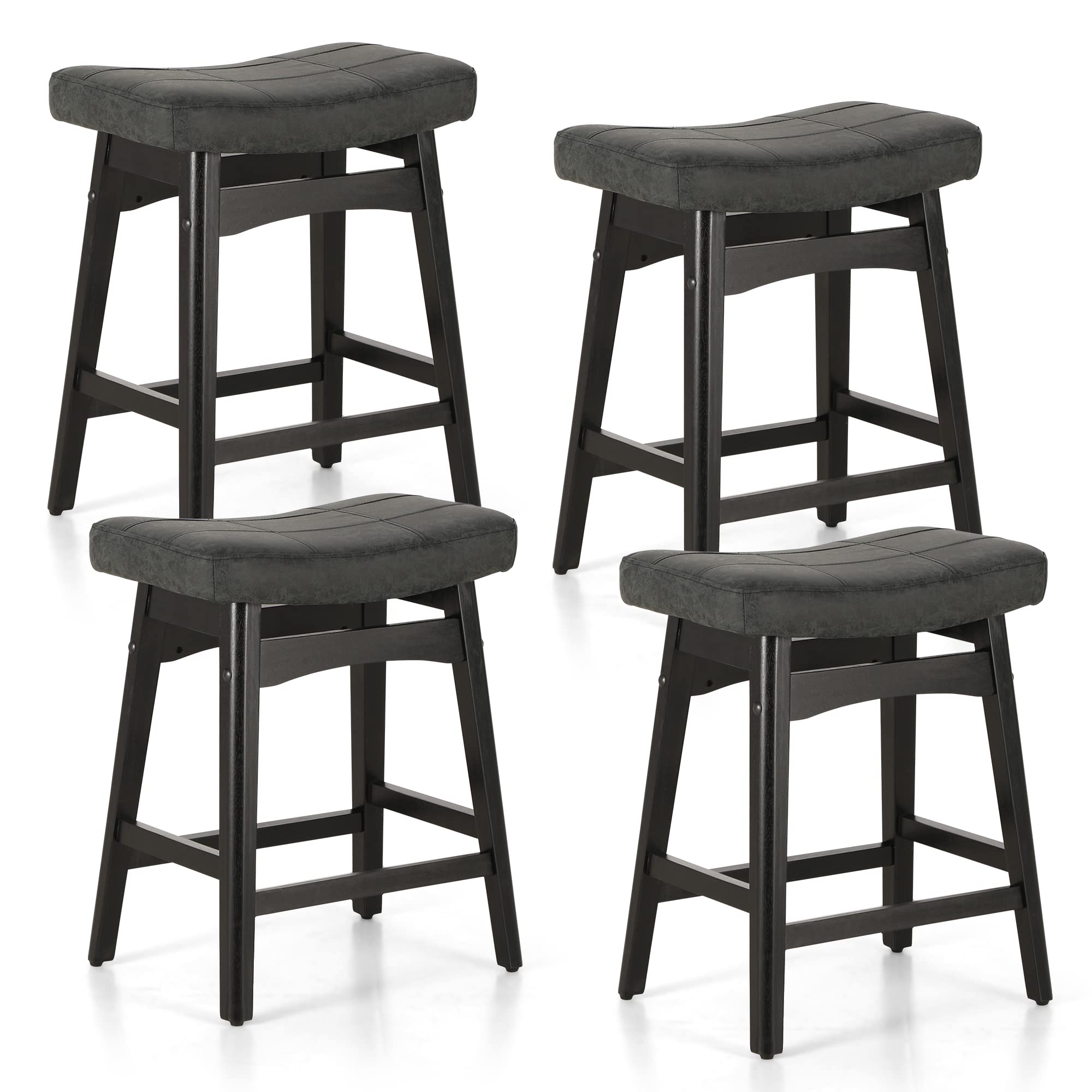 MAISON ARTS Black Counter Height Bar Stools Set of 4 - Solid Wood Legs with Faux Leather Saddle Seat - Farmhouse Style Kitchen Island Stools for 34