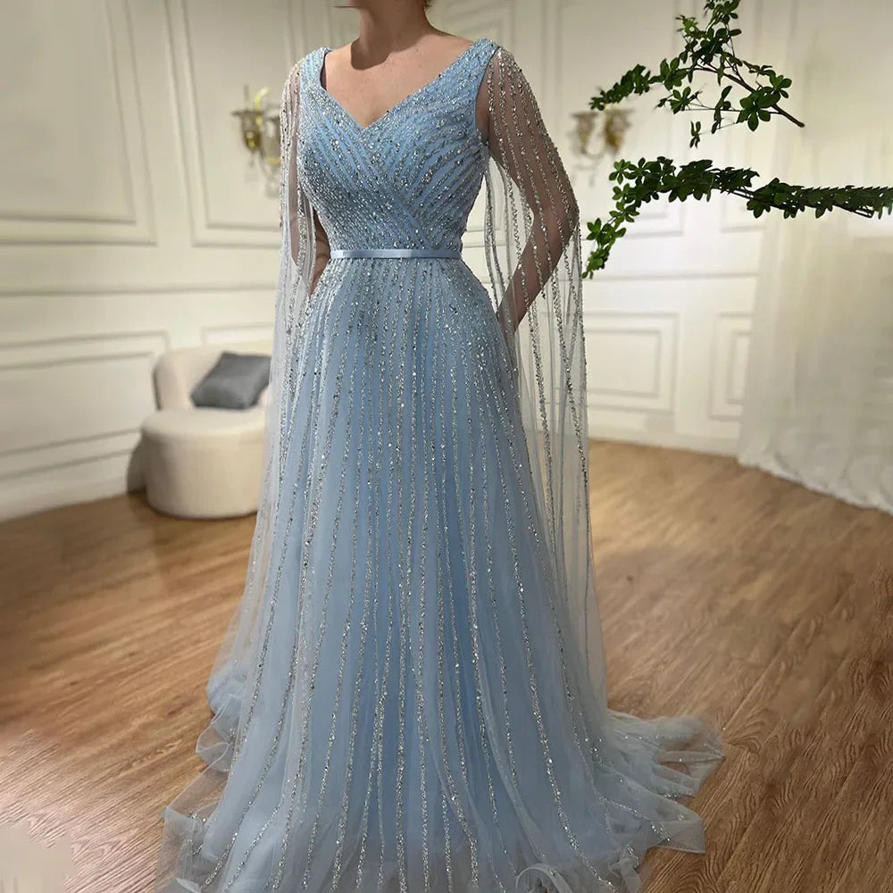 Elegant Beaded A-Line Dubai Evening Gown with Cape Sleeves - Luxury 2025 Celebrity Party Dress for Women - Perfect for Red Carpet Events, Galas, and Formal Occasions