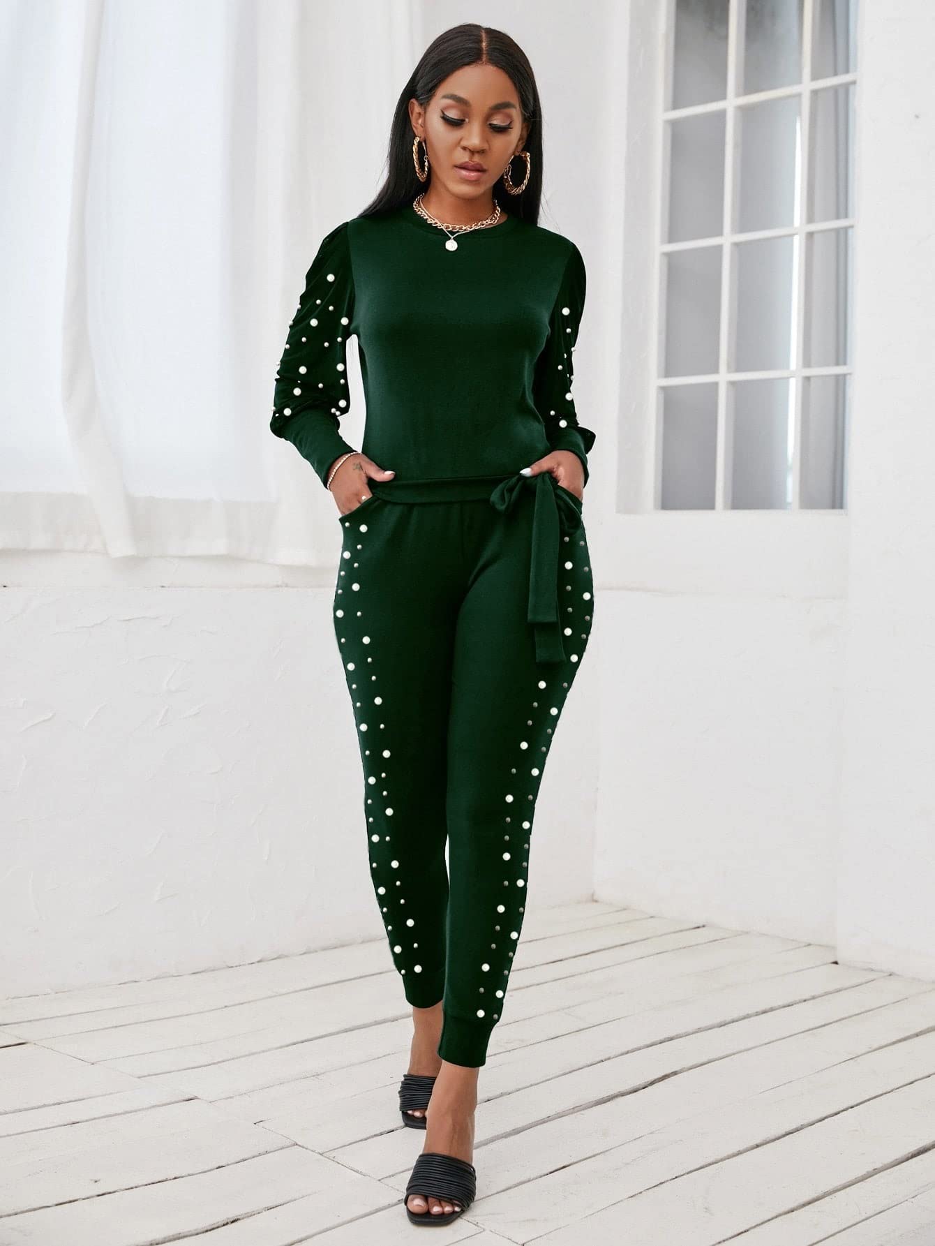XENIS Women's Casual 2-Piece Outfit Set - Beaded Knotted Hem Sweatshirt & Jogger Pants | Lounge Wear, Yoga, Running Errands, Weekend Comfort Outfits