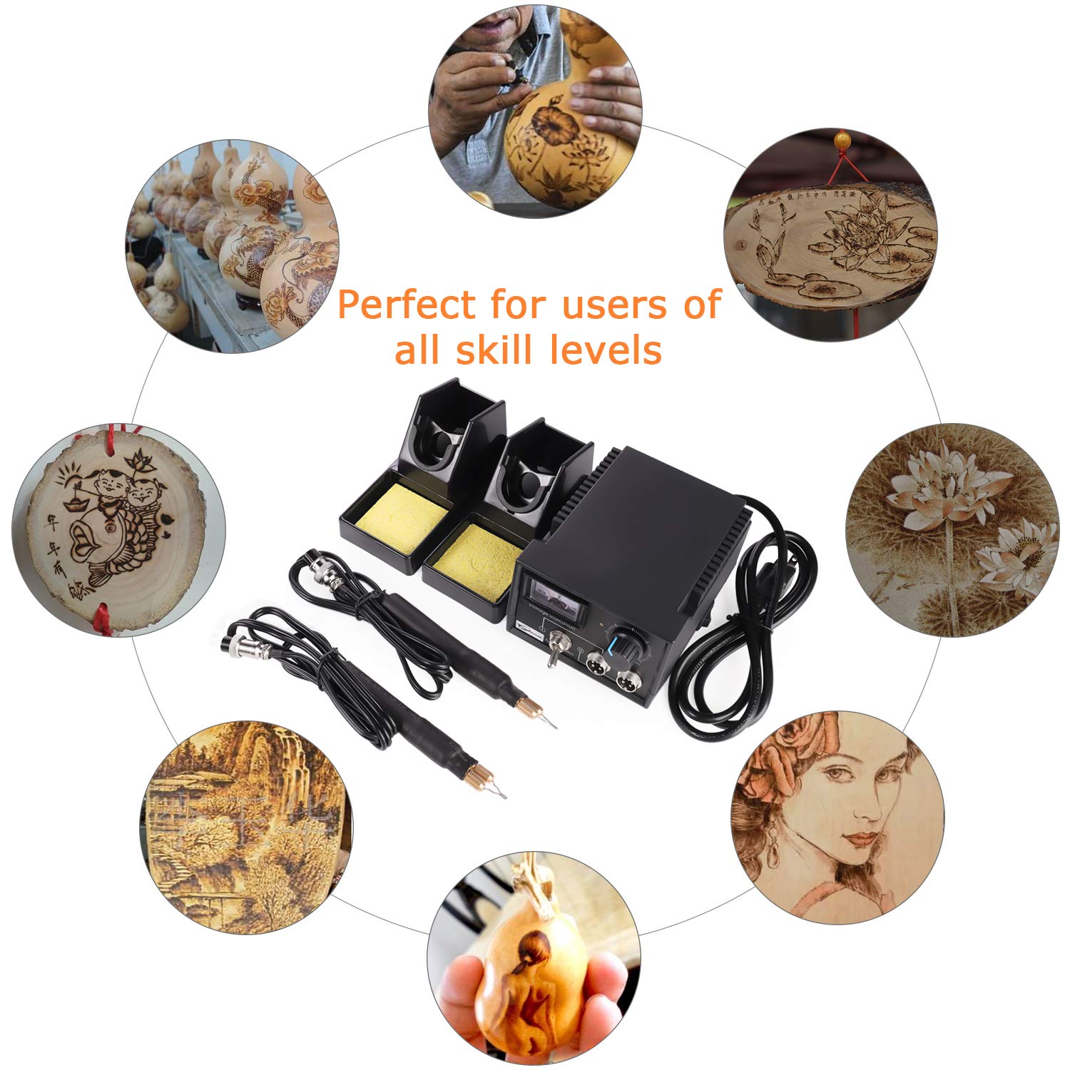 110V 60W Wood Burning Kit with Dual Pens - Digital Temperature Control Pyrography Machine for Wood, Leather & Gourd - Includes 20 Interchangeable Tips & Pointer Display - Perfect for DIY Crafts, Home Decor & Woodworking Projects