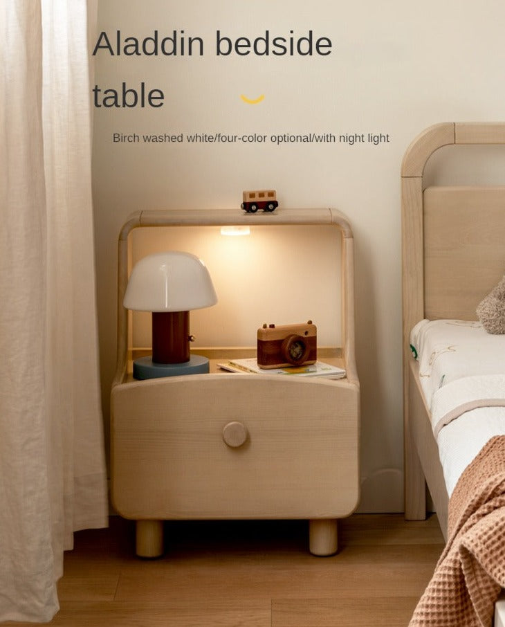 Solid Wood Nightstand with Built-in Night Light - Birch & Beech Wood Bedside Table for Bedroom, Living Room, or Nursery - Modern & Functional Furniture for Small Spaces