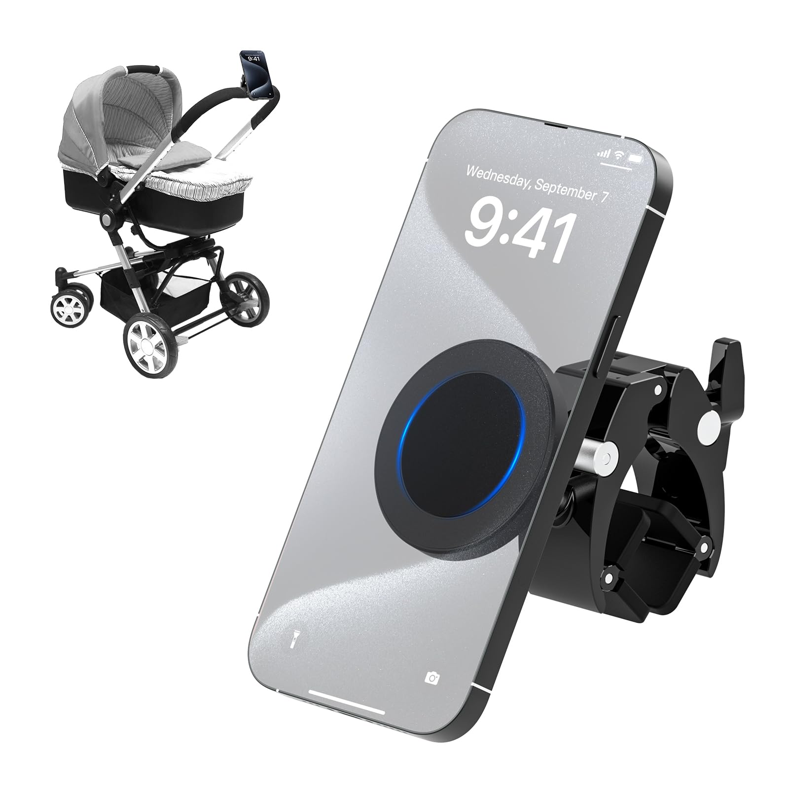 360° Rotating Magnetic Stroller Phone Holder - Aluminum Alloy Gym & Bicycle Mount for iPhone Samsung - Perfect for Baby Strollers, Golf Carts & Outdoor Activities