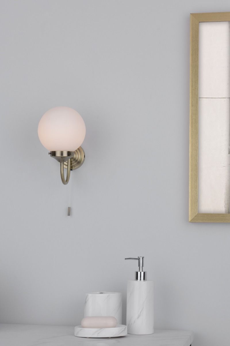 Vintage Bathroom Wall Light - Antique Brass/Polished Chrome with Opal Glass Shade, IP44 Rated for Moisture Protection - Perfect for Bathroom, Powder Room, and Spa Lighting