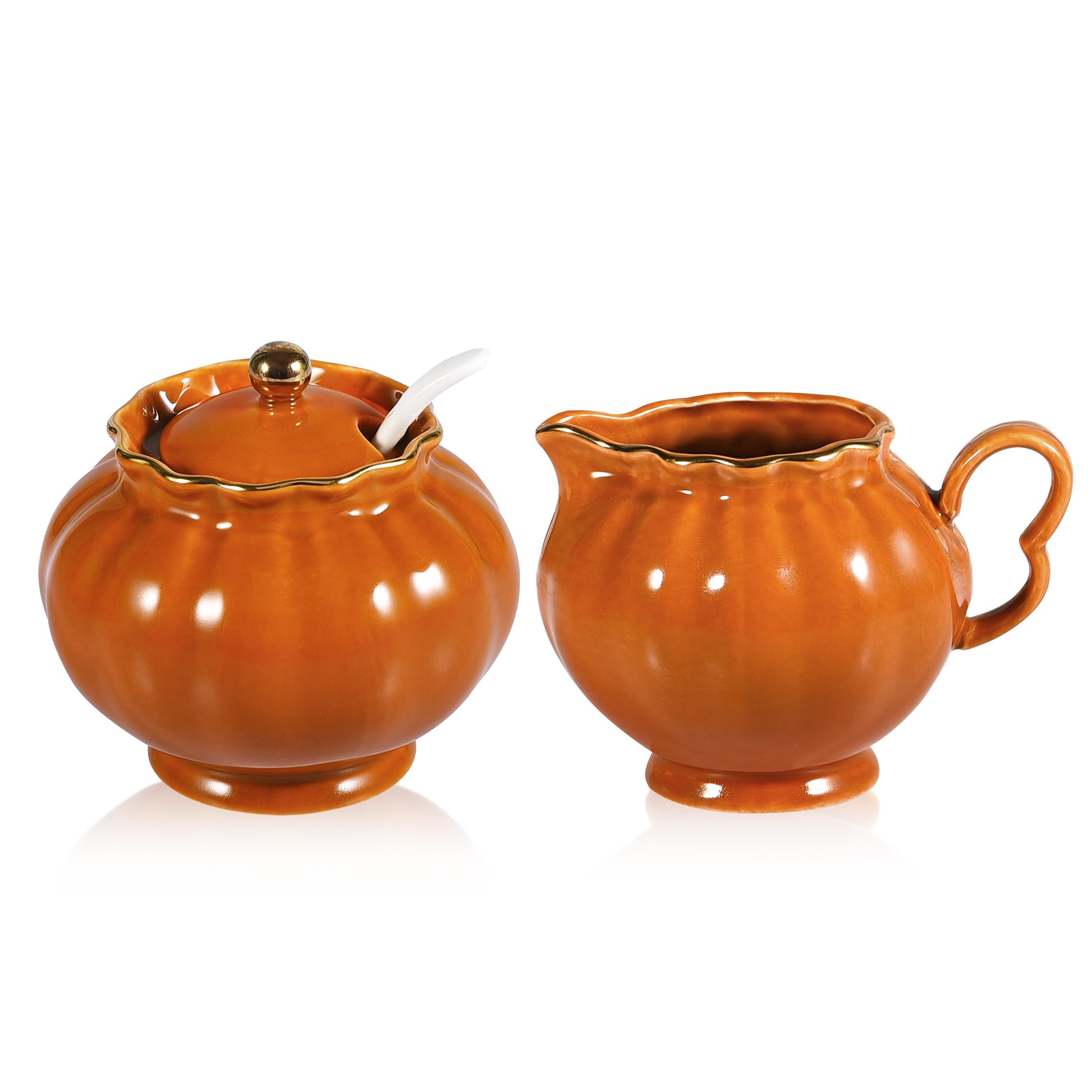 Ceramic Sugar Bowl with Lid, Milk Jug, and Spoon - 3-Piece Coffee Serving Set | Creamer & Sugar Bowl Combo | Dishwasher & Microwave Safe | Perfect for Breakfast, Tea Time & Gifting | Elegant Orange Design