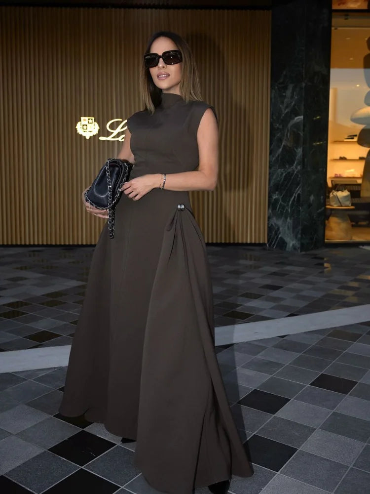 Elegant High Collar A-Line Maxi Dress for Women - 2024 Fashion Solid Pleated Slim Long Evening Gown | Perfect for Prom, Party, Wedding & Formal Occasions