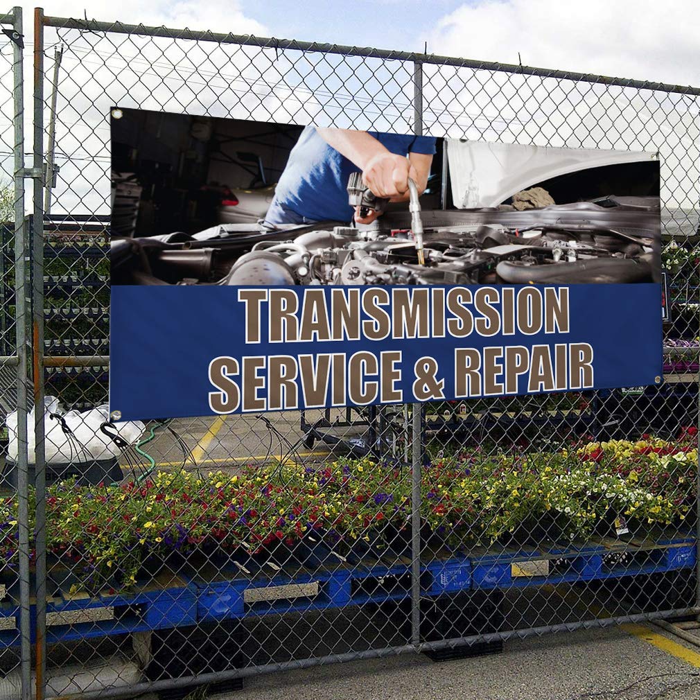 Durable Vinyl Banner for Transmission Service & Repair - Weatherproof, Industrial Yard Signs (60x144 Inches, Blue, 10 Grommets) - Perfect for Automotive Shops, Outdoor Advertising & Business Promotion