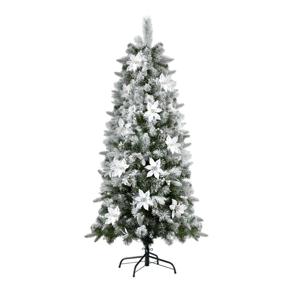 1.8m Snow Flocked Christmas Tree with 564 Tips & Flower Decorations - Perfect for Holiday Home Decor, Office, and Party Celebrations