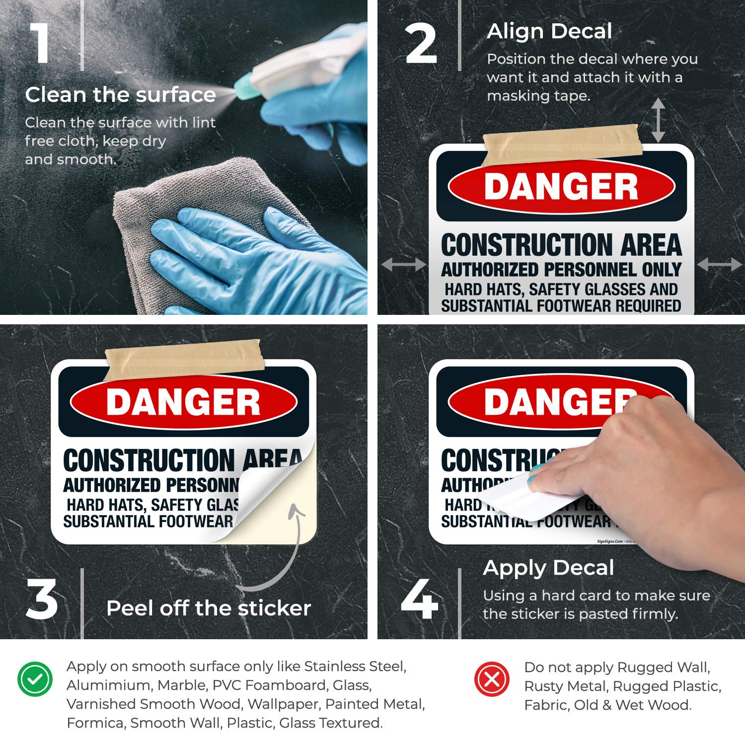 OSHA Approved Construction Safety Signs - 10x7 Inch 'Authorized Personnel Only' & 'Safety Glasses Required' Danger Warning Decals | 4 Mil Thick Vinyl, Weatherproof & UV Resistant | Made in USA | Perfect for Job Sites, Warehouses & Hazardous Work Areas