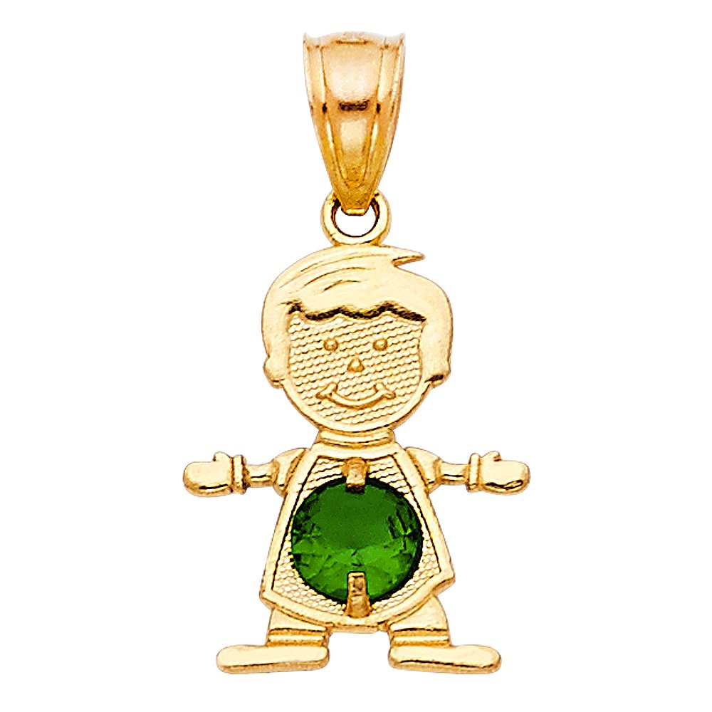 14K Yellow Gold May Birthstone Cubic Zirconia CZ Boy Charm Pendant with 1.9mm Figaro 3+1 Chain Necklace - Perfect Gift for Mother's Day, Baby Shower & Birthday Celebrations