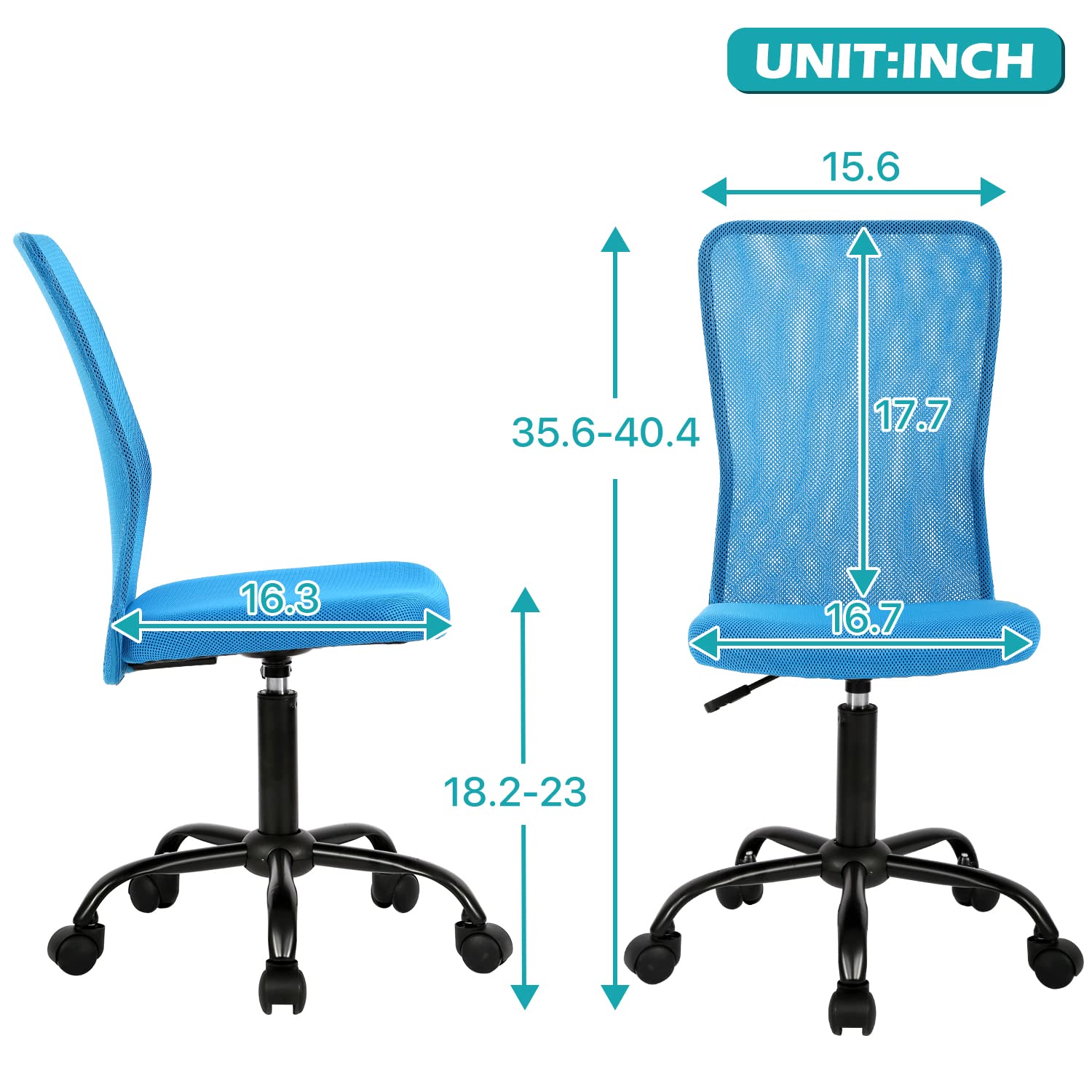Ergonomic Armless Rolling Office Chair - Small Swivel Desk Chair with Wheels for Home Office, Computer Work, Sewing & Task Chairs - Comfortable Blue Stool for Adults (Ideal for Small Spaces & Compact Workstations)