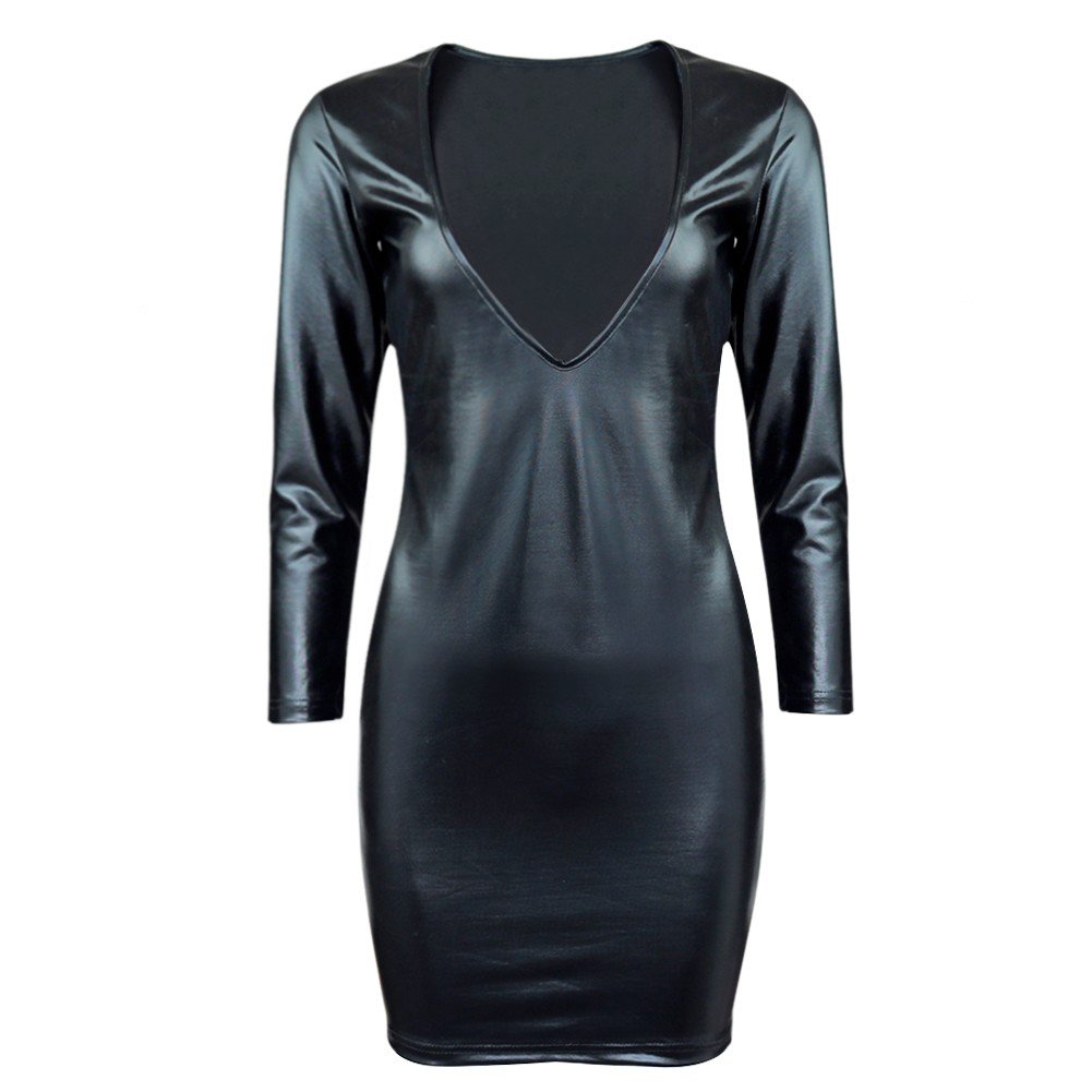 iEFiEL Women's Sexy Black Deep V-Neck Wet Look Long Sleeve Bodycon Dress - PVC Leather Clubwear for Night Out, Party, Cocktail & Evening Events