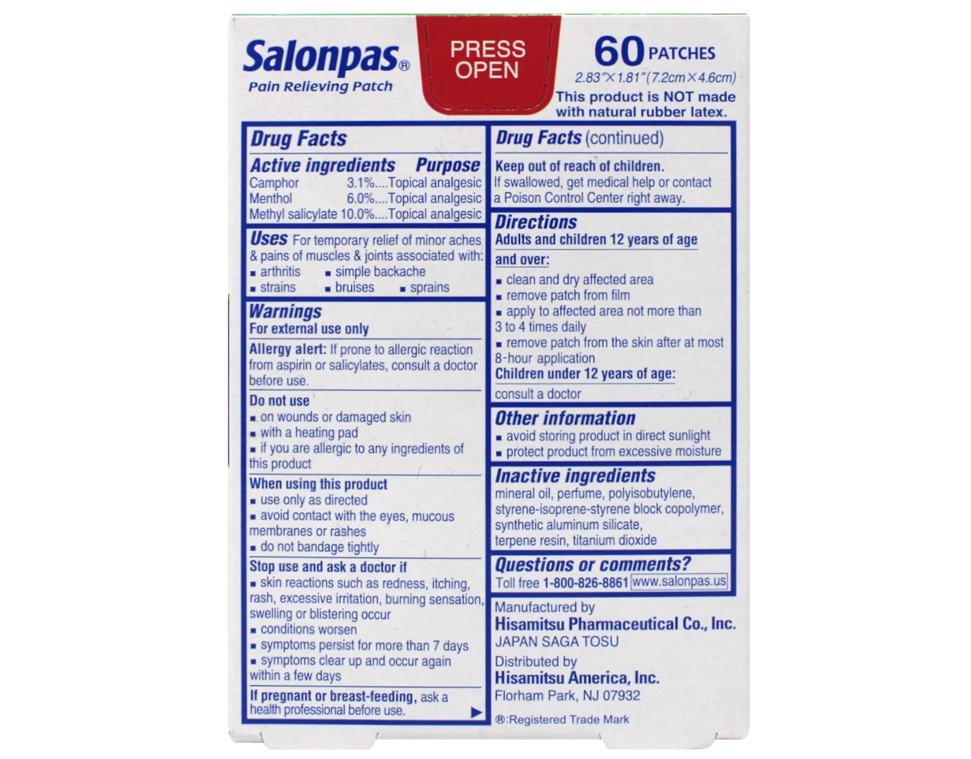 Salonpas Pain Relieving Patch for Back, Neck, Shoulder & Knee Pain Relief - 8 Hour Fast-Acting Muscle Soreness Relief - 60 Count (Pack of 2) - Perfect for Workout Recovery, Arthritis & Chronic Pain Management