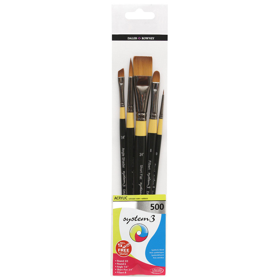 Daler Rowney System3 Acrylic Short Handle Paint Brushes - Set of 5 Artist Brushes for Acrylic Painting | Perfect for Canvas, Watercolor Paper & DIY Art Projects