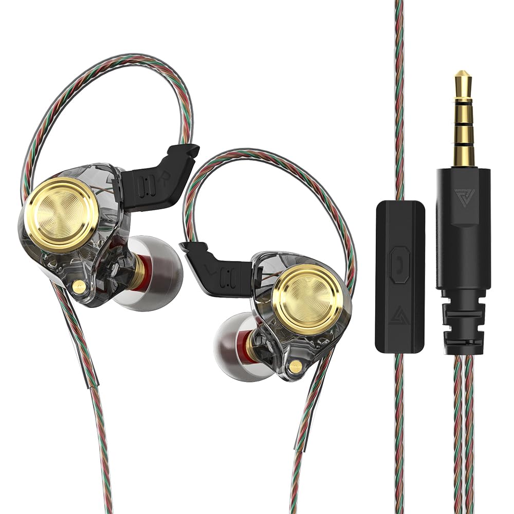 Premium Wired Earbuds with Microphone - Heavy Bass & Zero Latency IEM Headphones for Audiophiles - 3.5mm Jack Earphones (Transparent Black/Gold) - Perfect for Gaming, Music, Calls & Workouts - CABLEDUCK QKZ