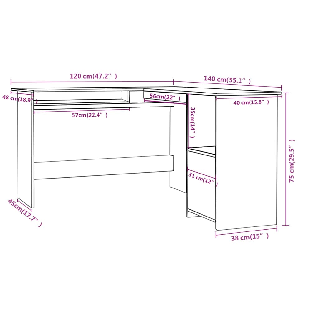 Modern L-Shaped Computer Desk for Study, Bedroom & Home Office - 47.2