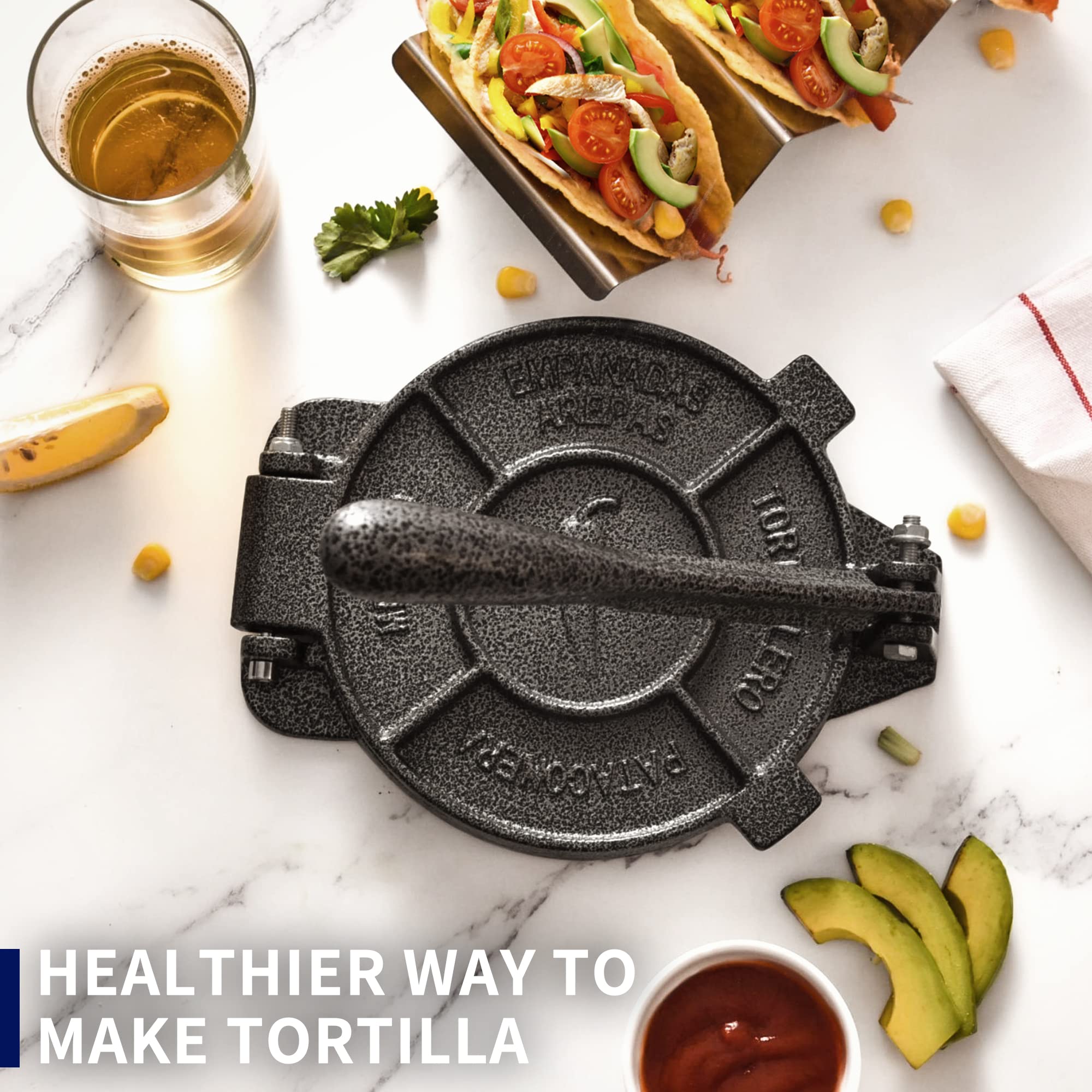 6.5 Inch Cast Iron Tortilla Press Maker - Heavy Duty Tortillera Pataconera with 100 Pcs Parchment Paper - Flour Tortilla Press, Roti Maker, Taco Press (Black Gray) - Perfect for Making Homemade Tortillas, Tacos, Roti & More