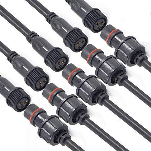 3-Pin Waterproof Connector IP68 - 16AWG Male Female LED Strip Light Plug with 20CM Extension Cable (5 Pairs) - Perfect for Indoor/Outdoor LED Lighting, Landscape Lighting, and DIY Projects