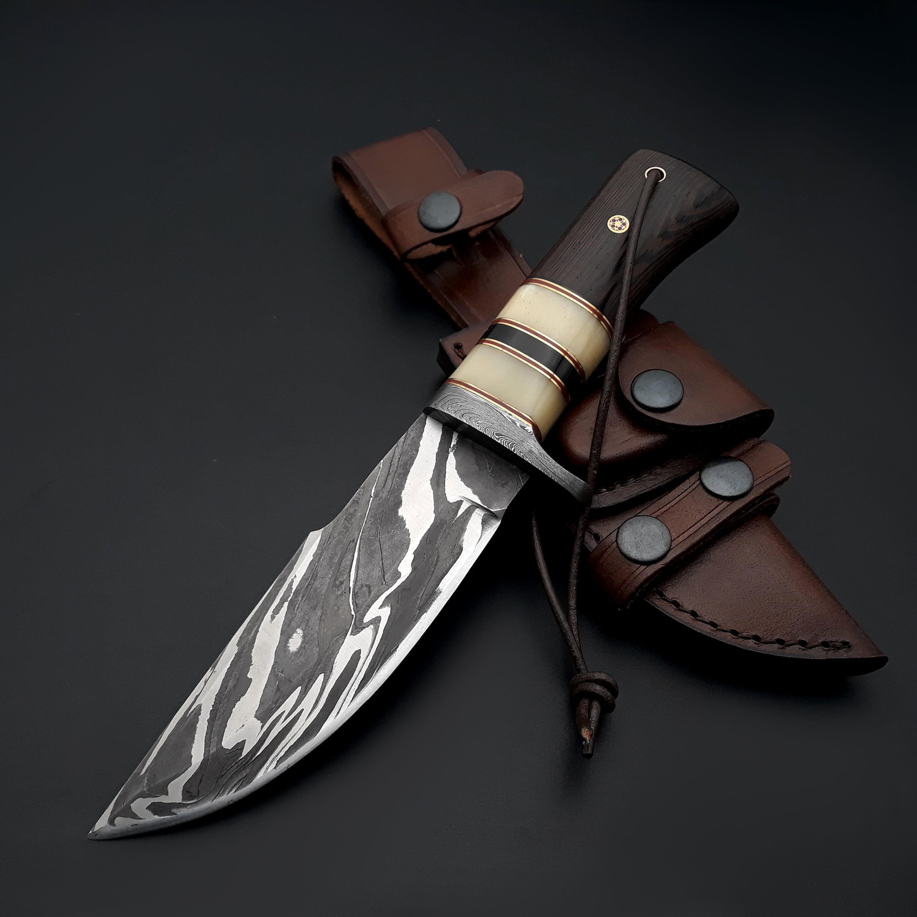 Premium Damascus Steel Hunting Knife with Bone & Exotic Wenge Wood Handle - Perfect for Outdoor Adventures, Camping, and Survival Gear
