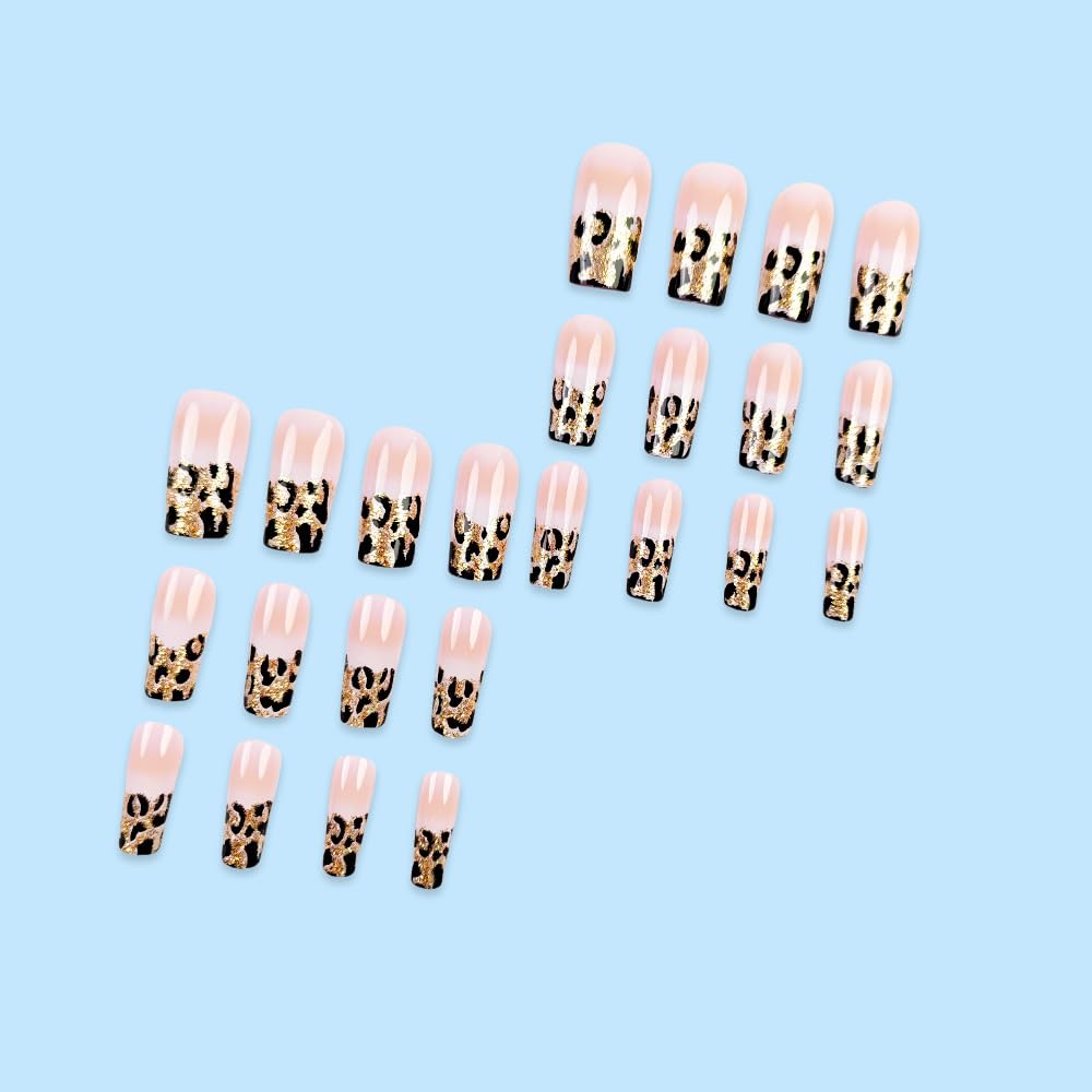 QUNQINLI 24Pcs Leopard Print Press On Nails - Medium Square Fake Nails with Glossy Design, Nude Pink False Nails with White Tips, Full Cover Acrylic Nail Kit for Women | Perfect for Parties, Weddings & Daily Manicure