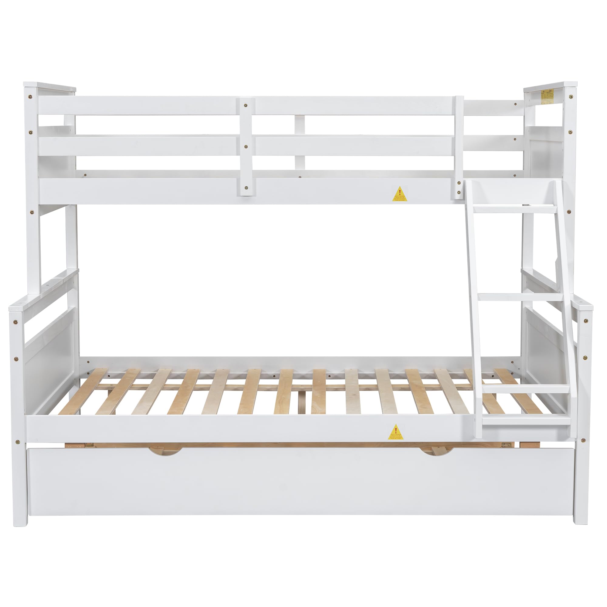 Merax Twin Over Full Wood Bunk Bed with Trundle - Solid Wood Frame, Guardrail & Ladder - White - Space-Saving Kids Bedroom Furniture for Sleepovers & Small Rooms