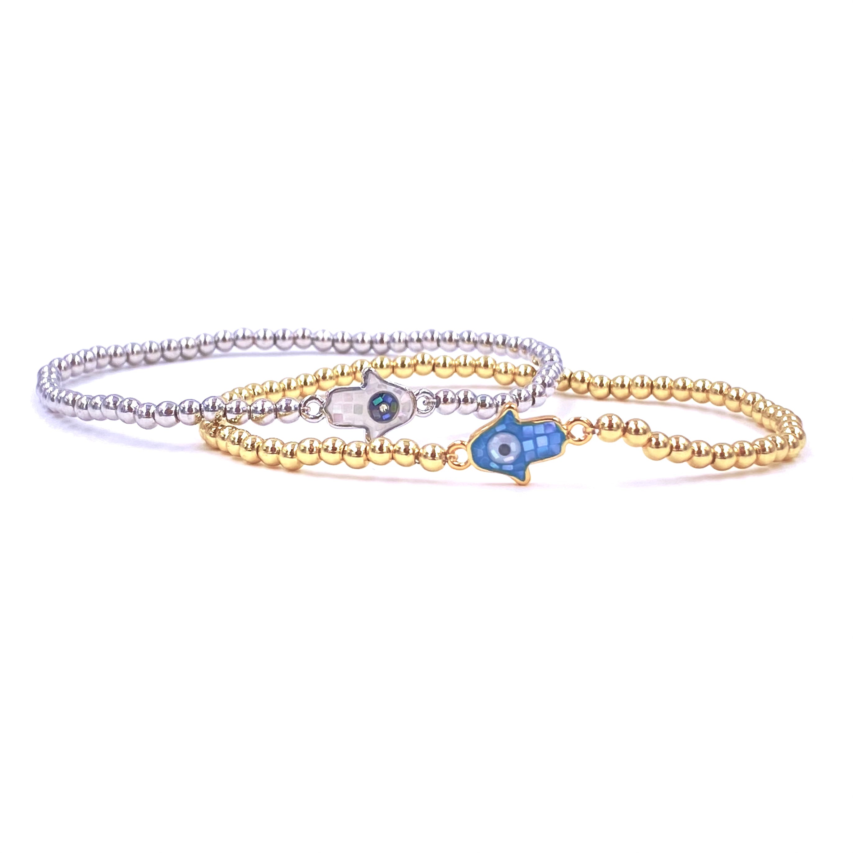 Ashley Gold Stainless Steel Fused Glass Hamsa Hand Evil Eye Stretch Bracelet - Spiritual Protection Jewelry for Women, Gift for Yoga & Meditation