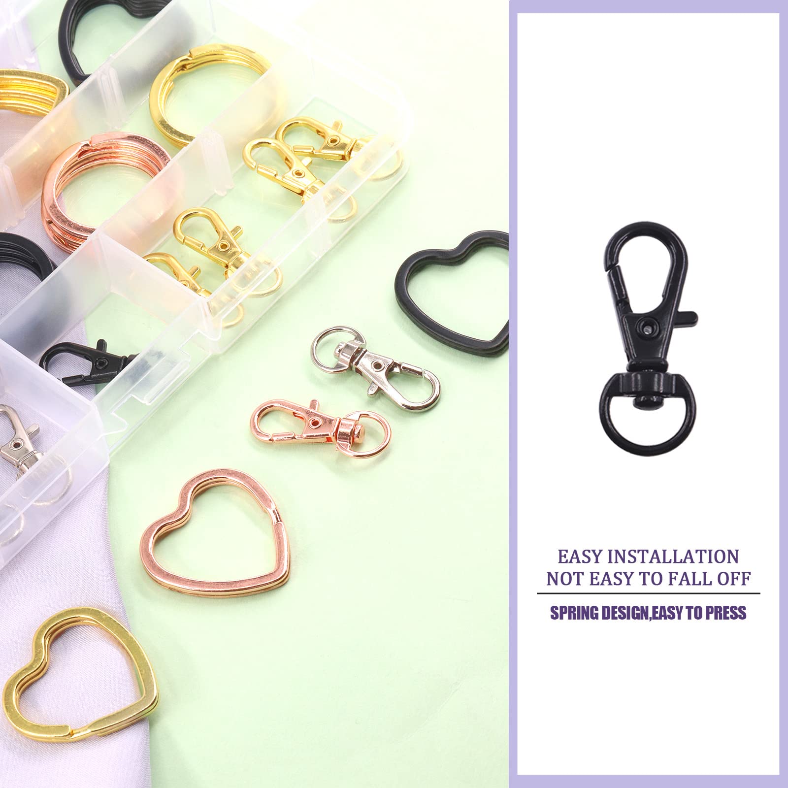 Swpeet 60Pcs Round & Heart Shape Key Rings - 4 Colors Metal Swivel Lobster Claw Clasp Keychain Kit with Split Rings & Jump Rings for DIY Crafts, Jewelry Making, Keychains & Leather Projects
