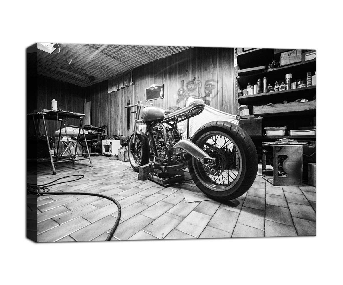 Vintage Motorcycle Wall Art - Black & White Canvas Prints for Bedroom, Living Room & Workshop Decor - Framed Motorcycle Posters & Paintings for Men, Bikers & Home Gifting - Perfect for Man Cave, Garage & Office Decor