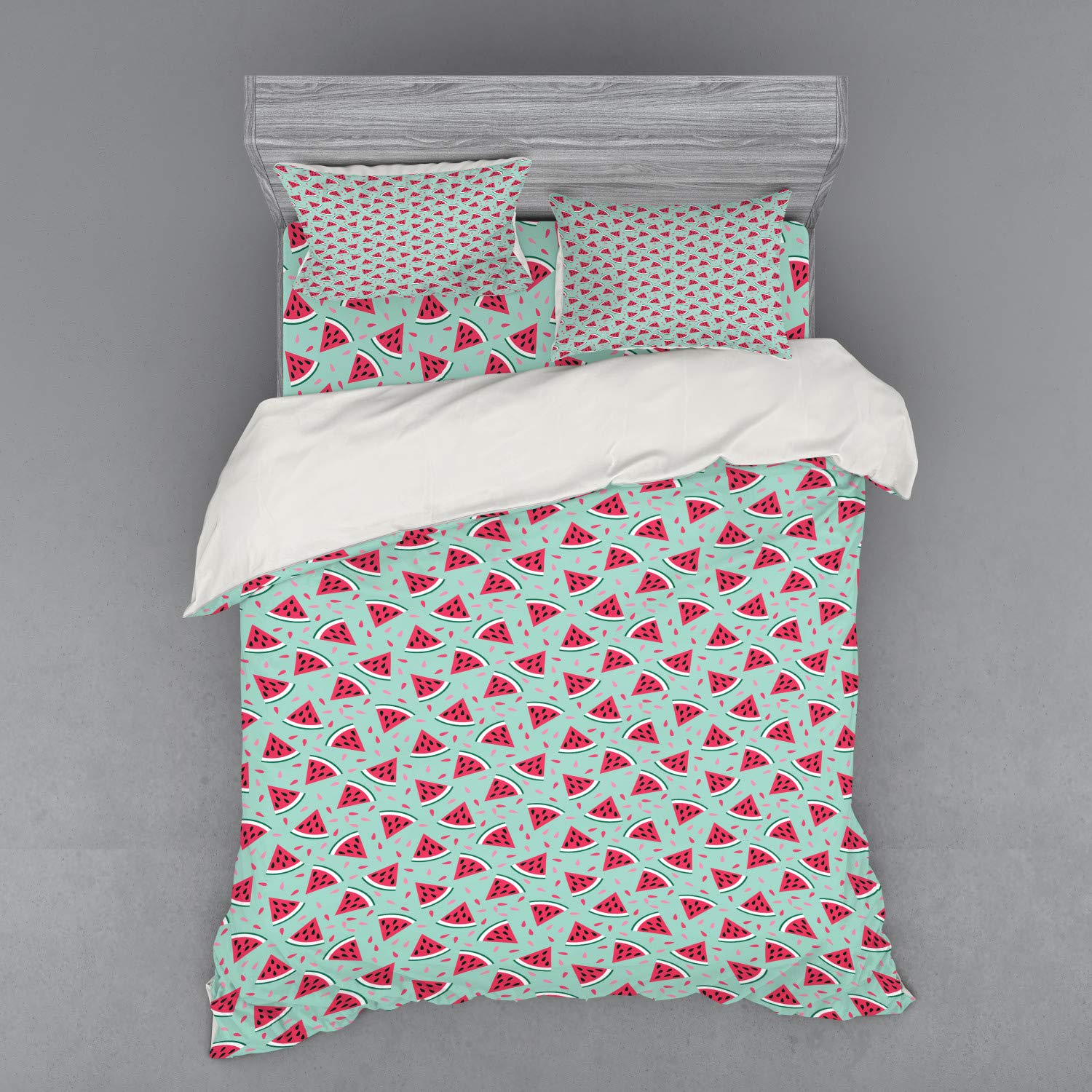 Ambesonne Watermelon Pop Art Bedding Set - 4 Piece Duvet Cover with Shams & Fitted Sheet, Queen Size in Almond Green & Dark Coral - Fresh Fruit Themed Bedroom Decor for Summer & Tropical Style Rooms