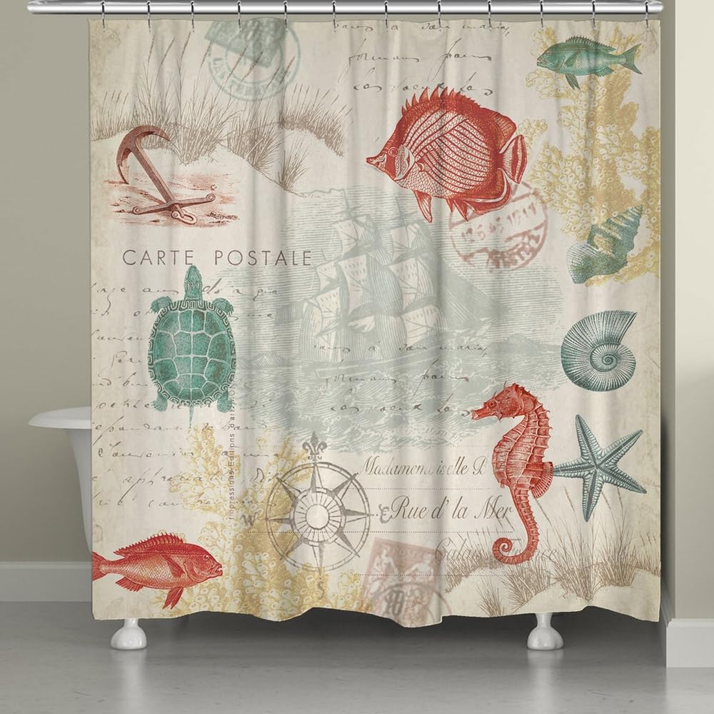 Laural Home Coral Maritime Shower Curtain - Waterproof Bathroom Decor with Nautical Theme for Coastal & Beach House Style