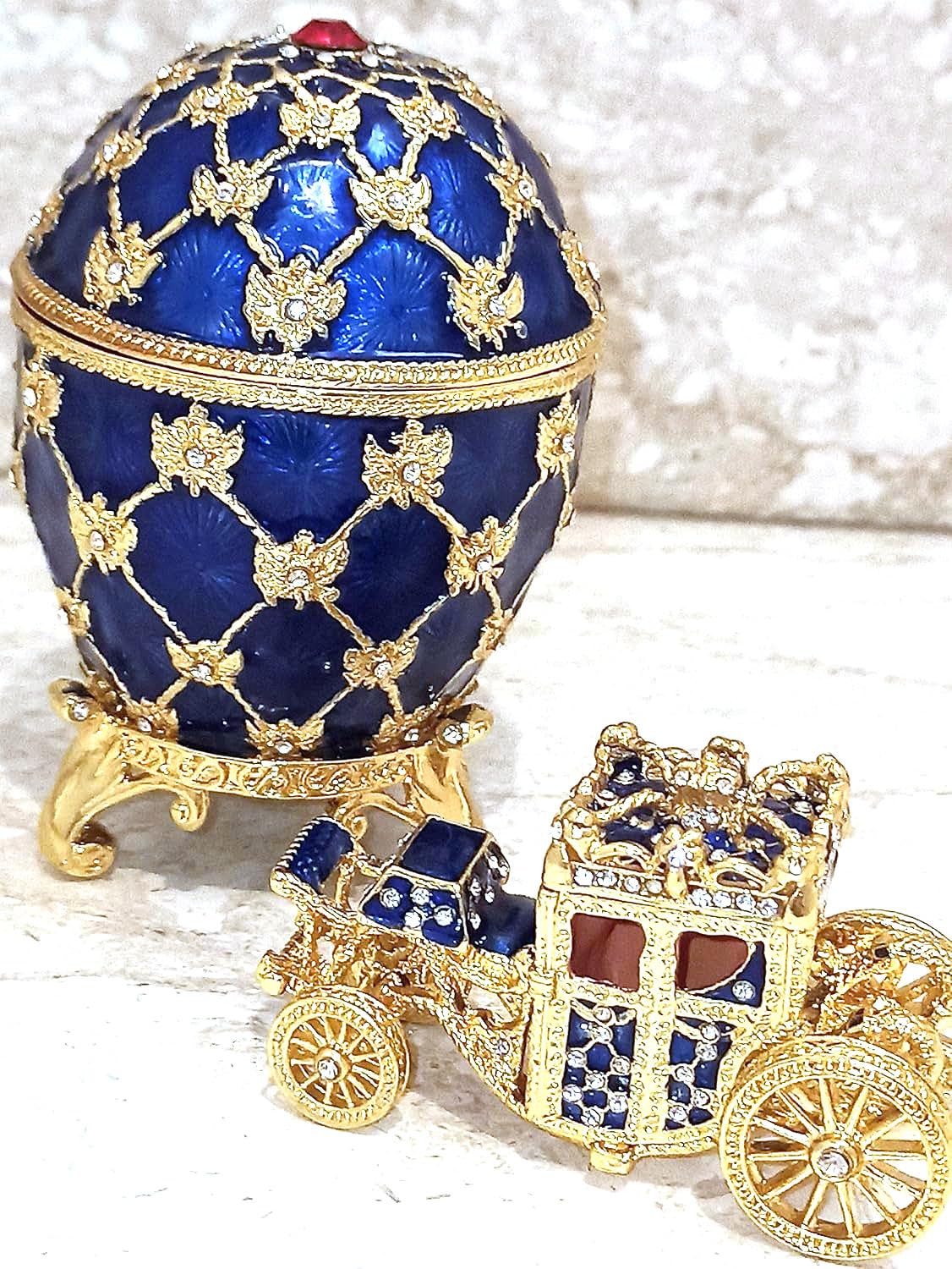 Exquisite Handmade Imperial Faberge Egg Jewelry Box - Pure Gold Decor with Austrian Crystal Diamonds - Luxury Gift Set for Men (Sapphire) - Perfect for Birthday, Christmas & Anniversary Gifts - Elegant Home Decor & Collector's Item