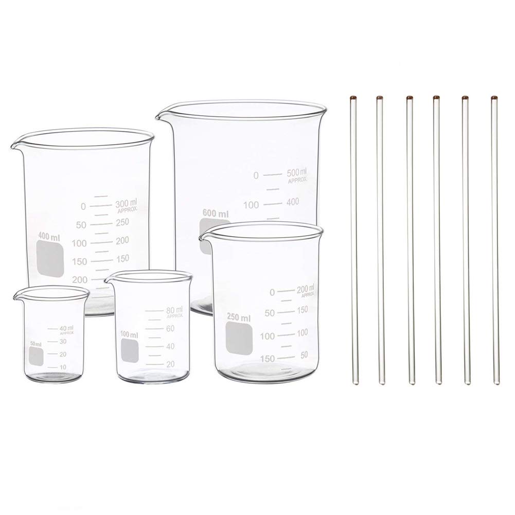 Premium Glass Measuring Beaker Set - 50ml, 100ml, 250ml, 400ml, 600ml with 12