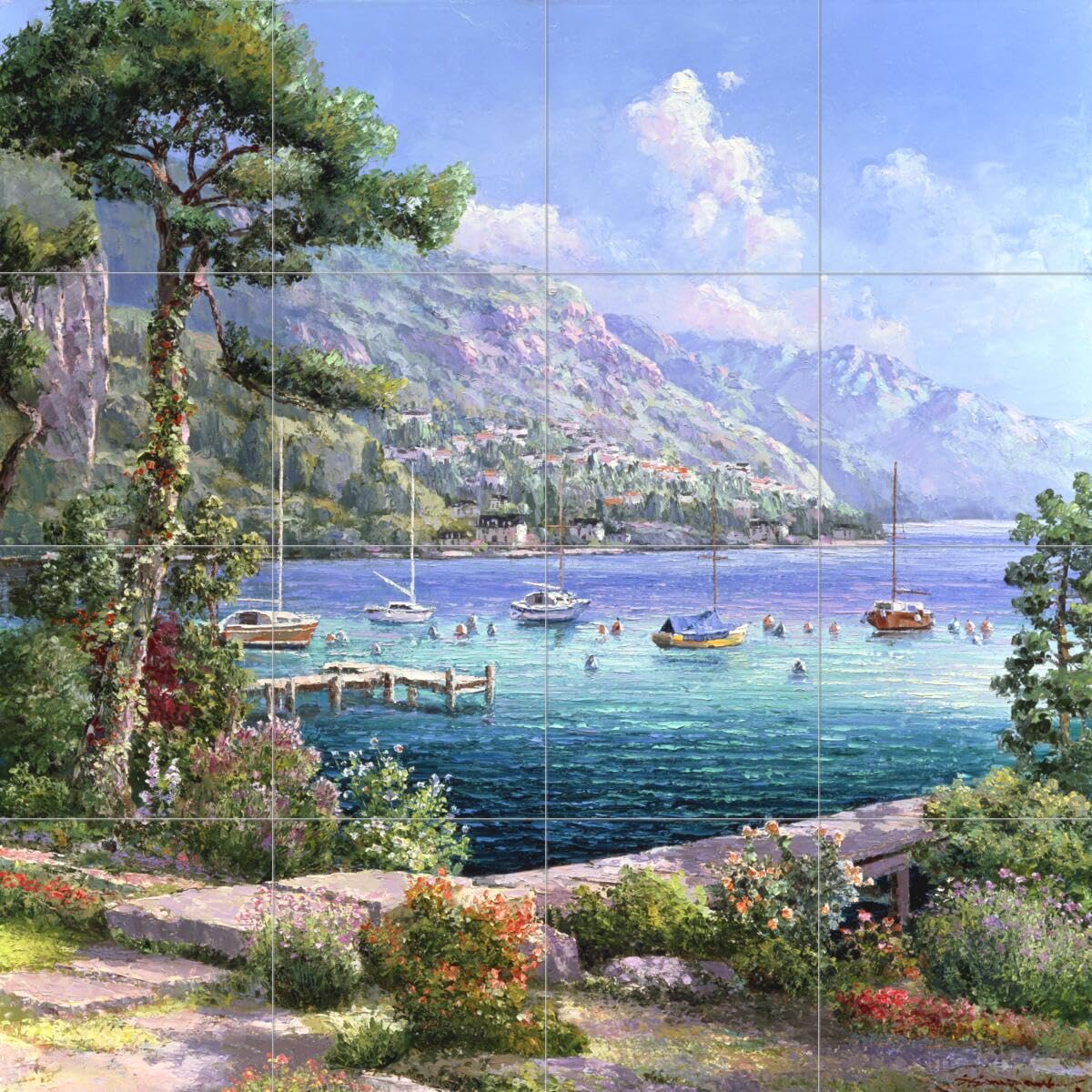 Ceramic Backsplash Tile Mural - Water View Landscape Overlooking Annecy Lake - Kitchen Bathroom Shower Wall Decor - Sam Park Soho Editions - Perfect for Coastal, Modern & Farmhouse Style Homes