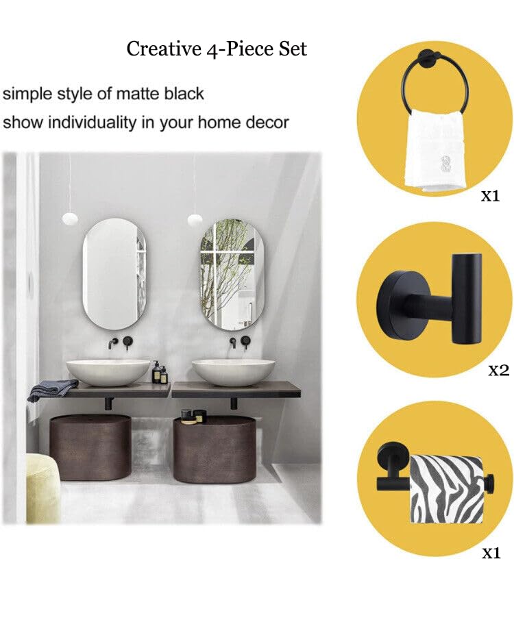 Premium 4-Piece Bathroom Hardware Set - 304 Stainless Steel Wall Mounted Robe Hooks, Toilet Paper Holder & Towel Ring (Black) - Durable Bath Accessories for Modern Home & Hotel Decor