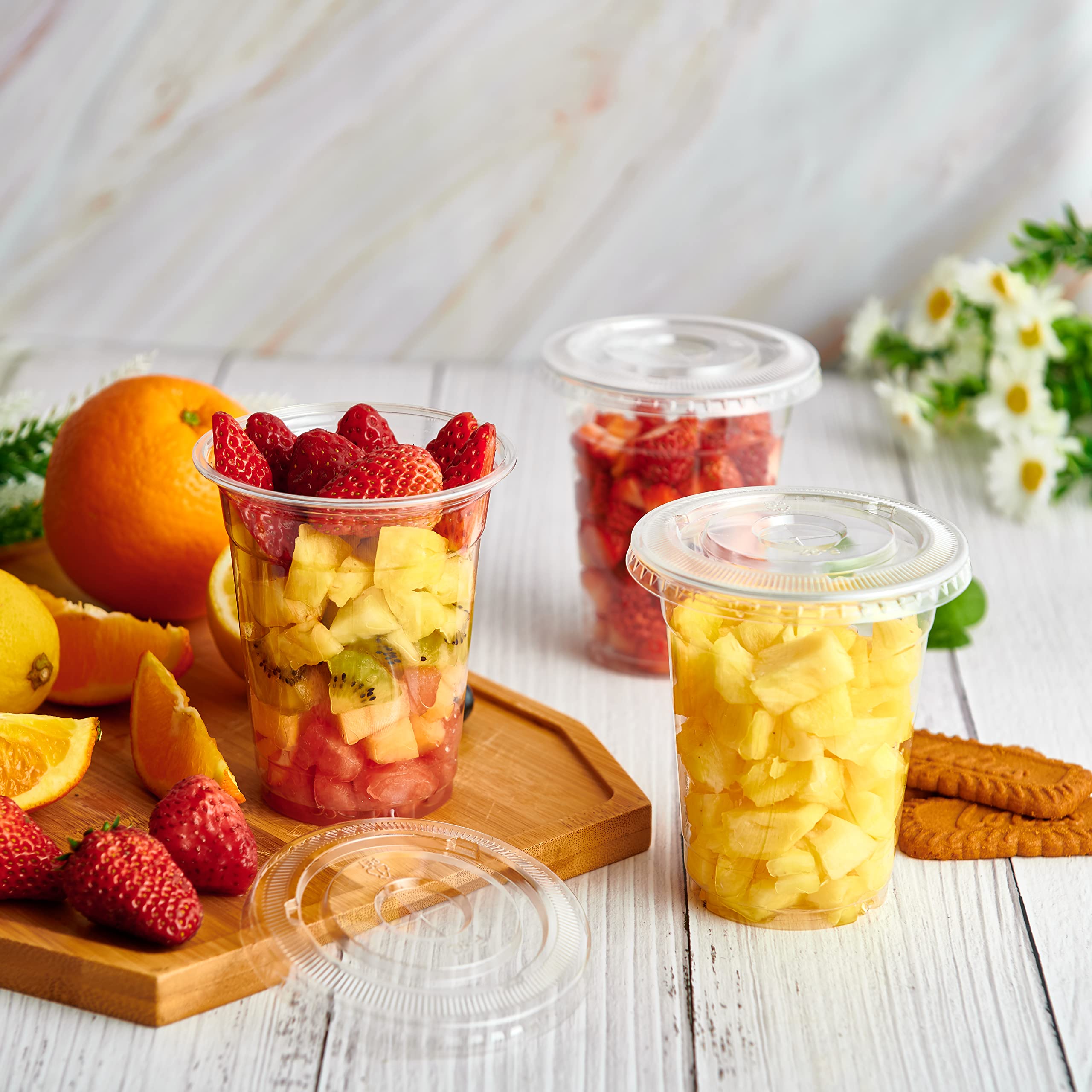 Lilymicky 90-Pack 16 oz Clear Plastic Cups with Flat Lids - Disposable Drinking Cups for Ice Coffee, Smoothies, Slurpee & Cold Beverages - Perfect for Parties, Picnics & Outdoor Events