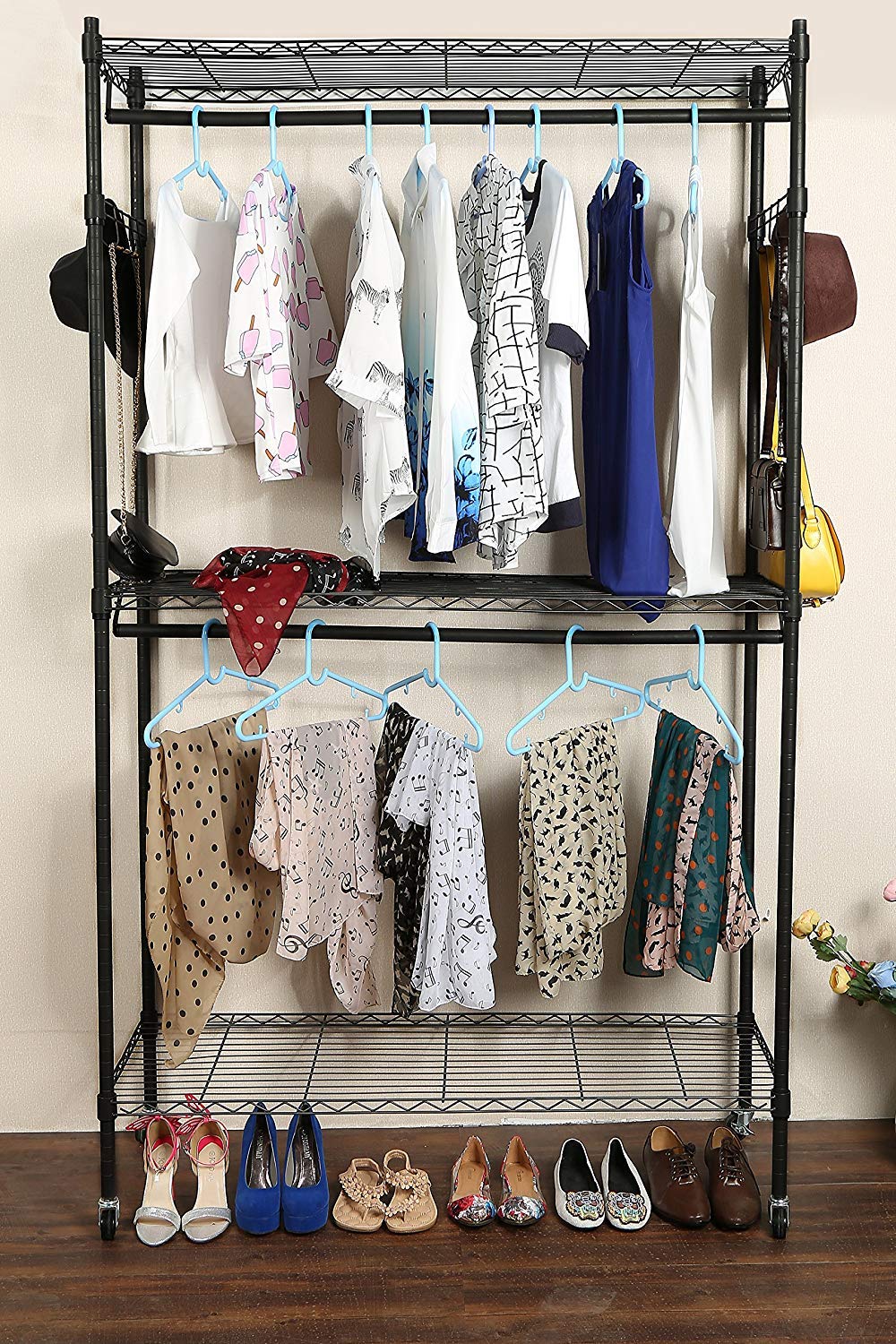 Himimi 3-Tier Heavy Duty Garment Rack - Freestanding Metal Clothes Rack with Double Rods, Wheels & Side Hooks | Portable Wire Shelving for Hanging Clothes, Jackets & Accessories | Perfect for Bedroom, Closet, Laundry Room & Small Space Organization (Grey)