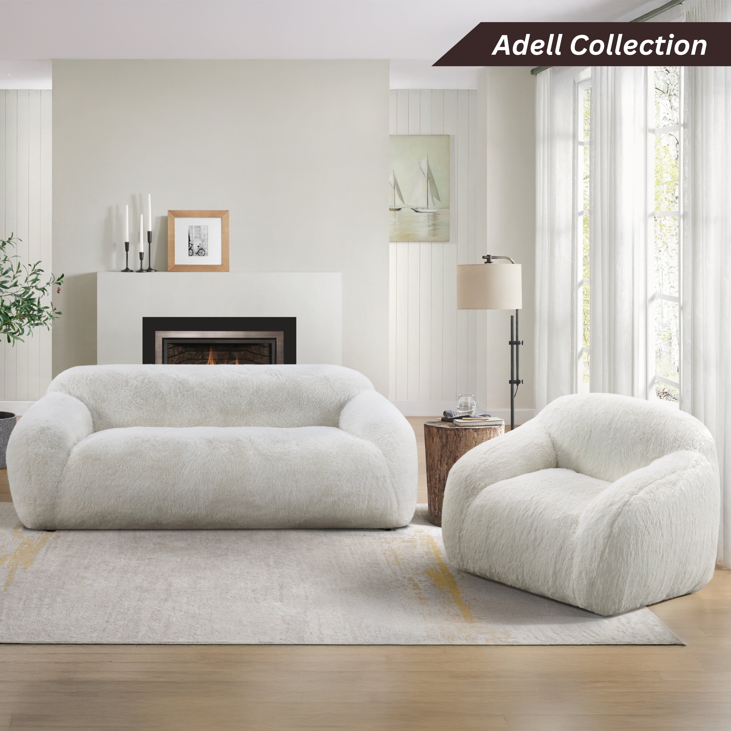 Roundhill Furniture Adell Polar Bear Faux Fur Upholstered Sofa - Luxurious White Plush Fabric Living Room Couch for Cozy Home & Winter Decor