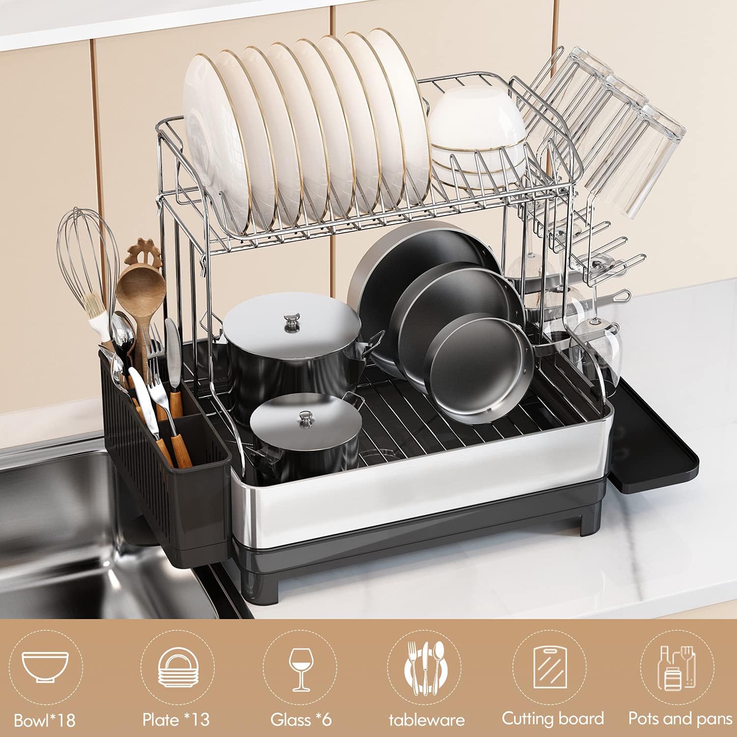 Romision 2-Tier Stainless Steel Dish Rack & Drainboard Set - Adjustable Drainage Spout, Utensil Holder & Cup Rack - Large Kitchen Counter Drying Rack with Water Tray - Perfect for Small Spaces, Apartments & Busy Kitchens