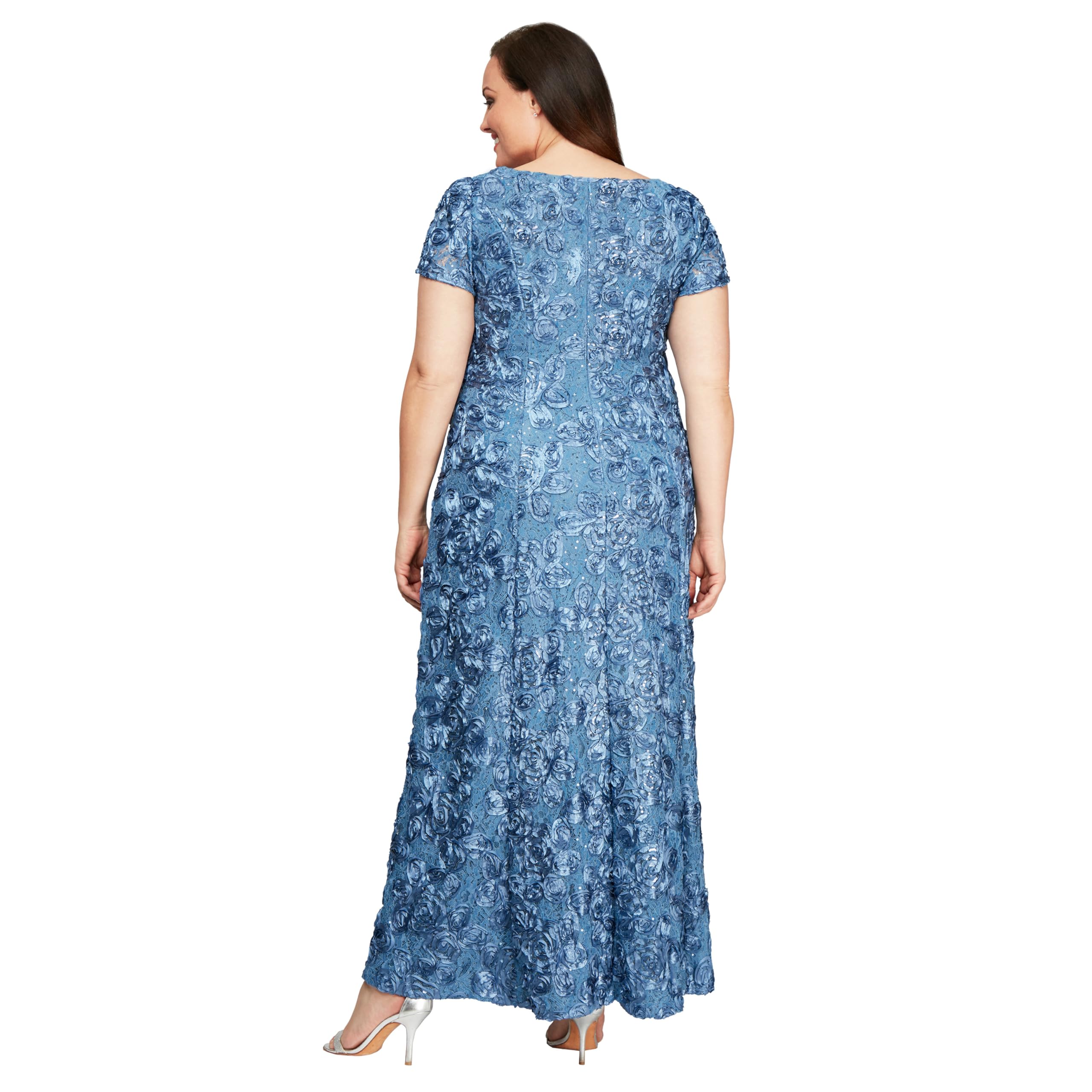 Alex Evenings Women's Plus Size Long Rosette Mother of The Bride Dress with Short Sleeves - Elegant Formal Gown for Weddings, Special Occasions & Evening Events