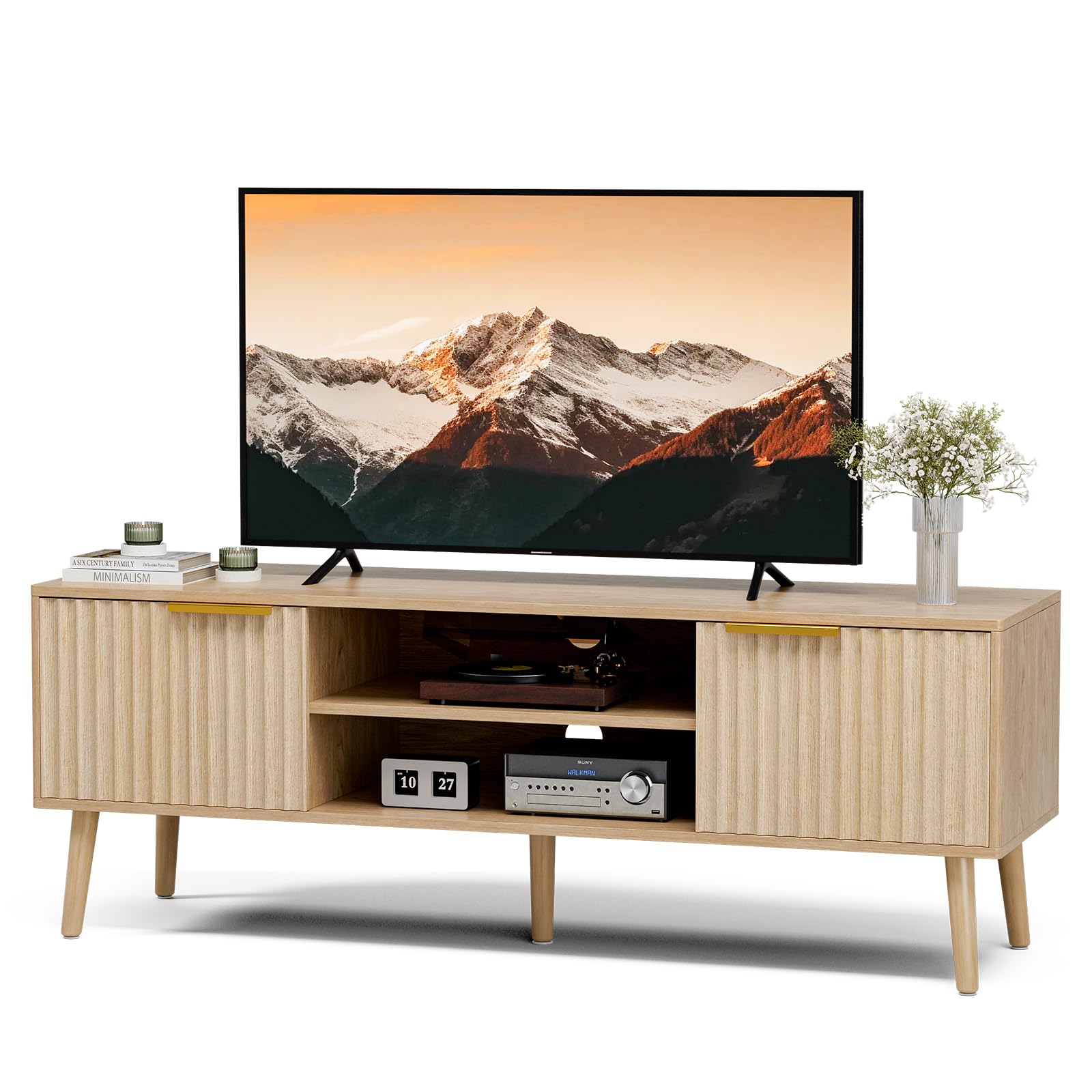 Modern TV Stand for 55/60/65 Inch TVs - Oak Entertainment Center with Fluted Door Cabinets & Open Shelves - Living Room & Bedroom Media Console - Perfect for Home Theater & Family Entertainment Spaces
