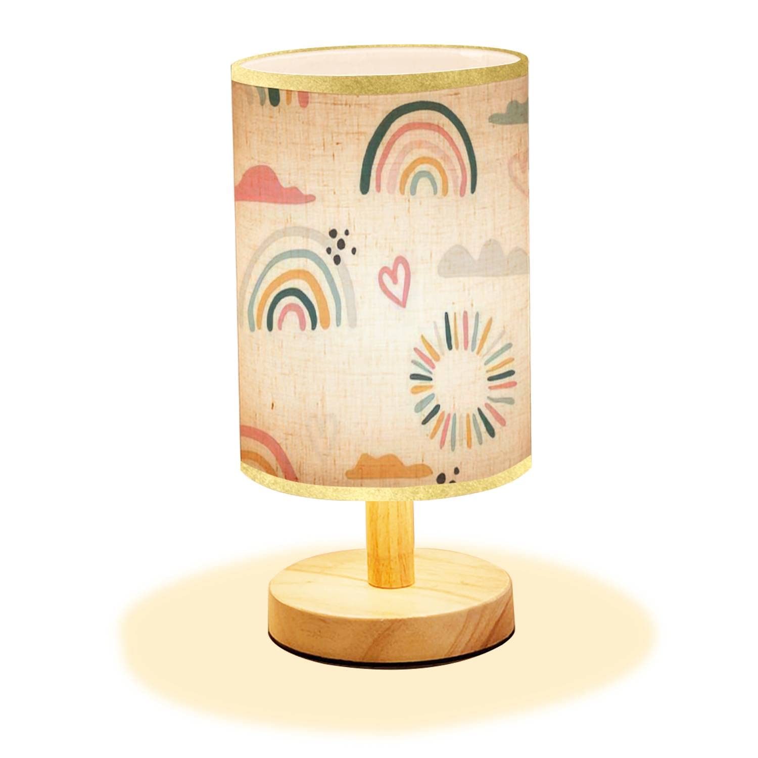 Minimalist Wooden Bedside Table Lamp with Hand-Drawn Rainbow & Sun Design - Natural Flaxen Fabric Shade for Nightstand, Desk, Bedroom & Living Room - Perfect for Nursery Decor, Cozy Reading Nook & Modern Home Lighting